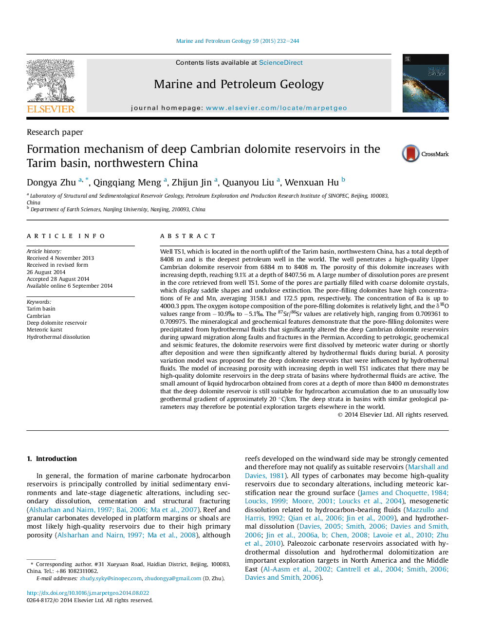 Formation mechanism of deep Cambrian dolomite reservoirs in the Tarim basin, northwestern China