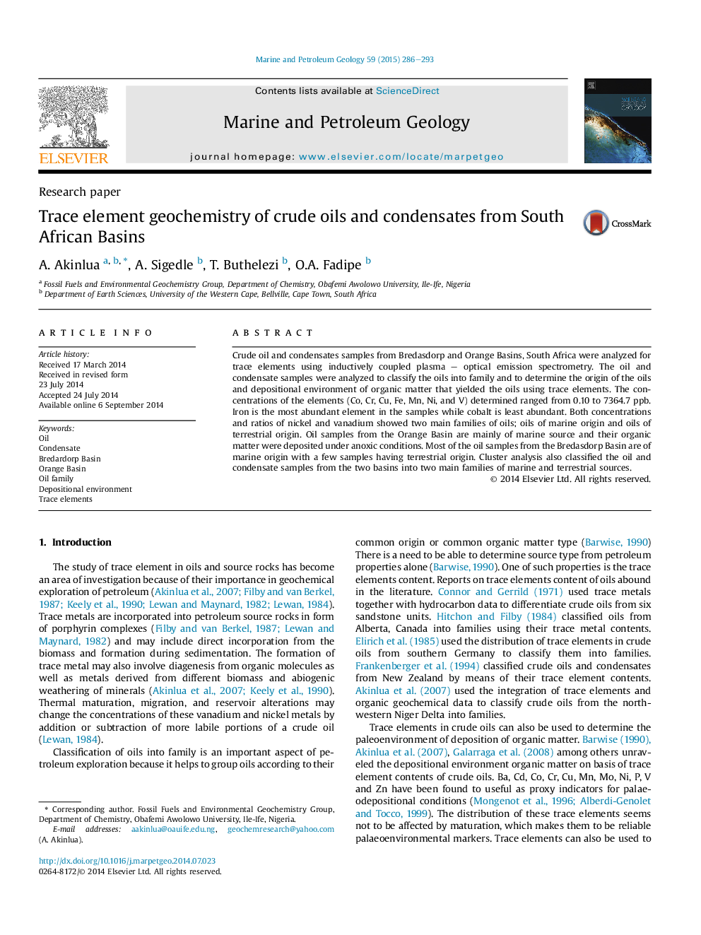 Trace element geochemistry of crude oils and condensates from South African Basins