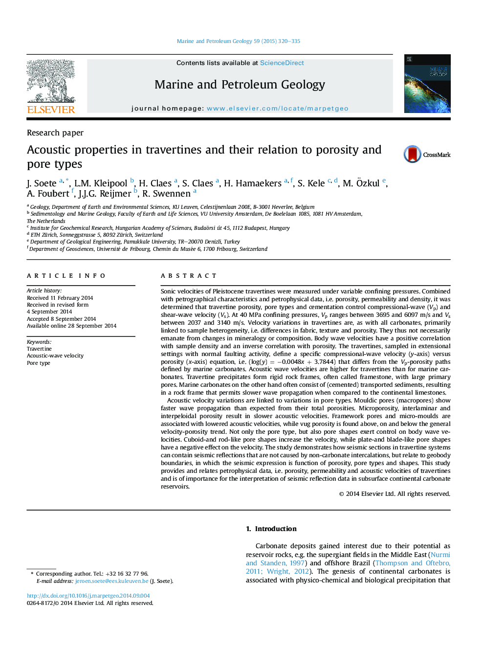 Acoustic properties in travertines and their relation to porosity and pore types