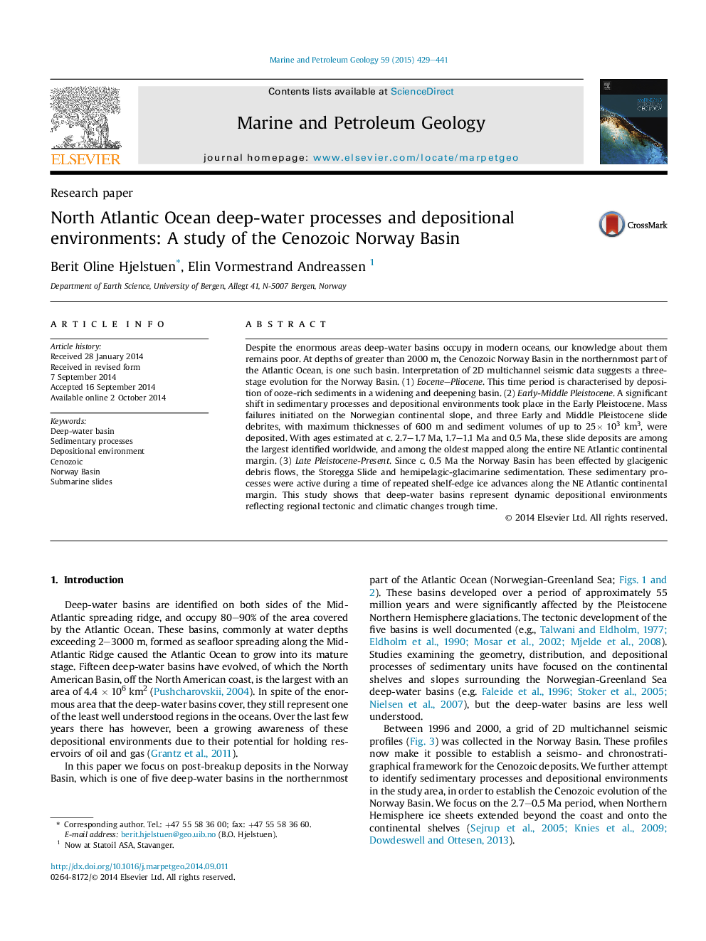 North Atlantic Ocean deep-water processes and depositional environments: A study of the Cenozoic Norway Basin