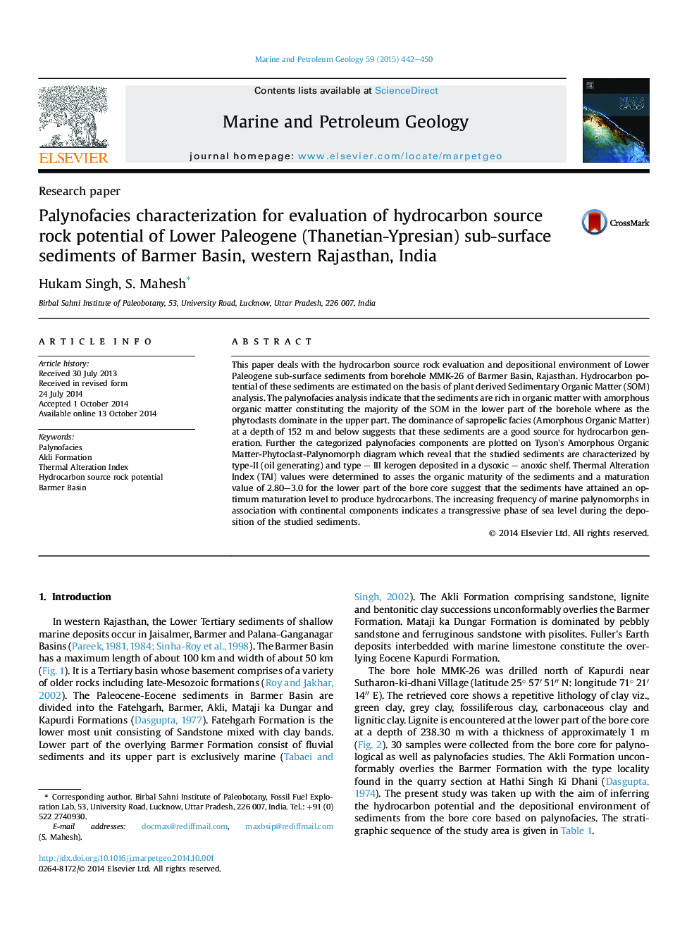 خصوصیات پالینوفیسزی برای ارزیابی پتانسیل سنگی منبع هیدروکربن رسوبات زیر سطح پالئوژن (توانیانت یپسیان) حوضه برمبر، غرب راجستان، هند 
