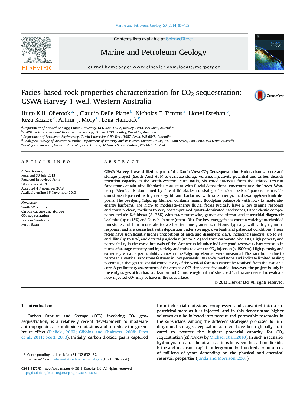 Facies-based rock properties characterization for CO2 sequestration: GSWA Harvey 1 well, Western Australia