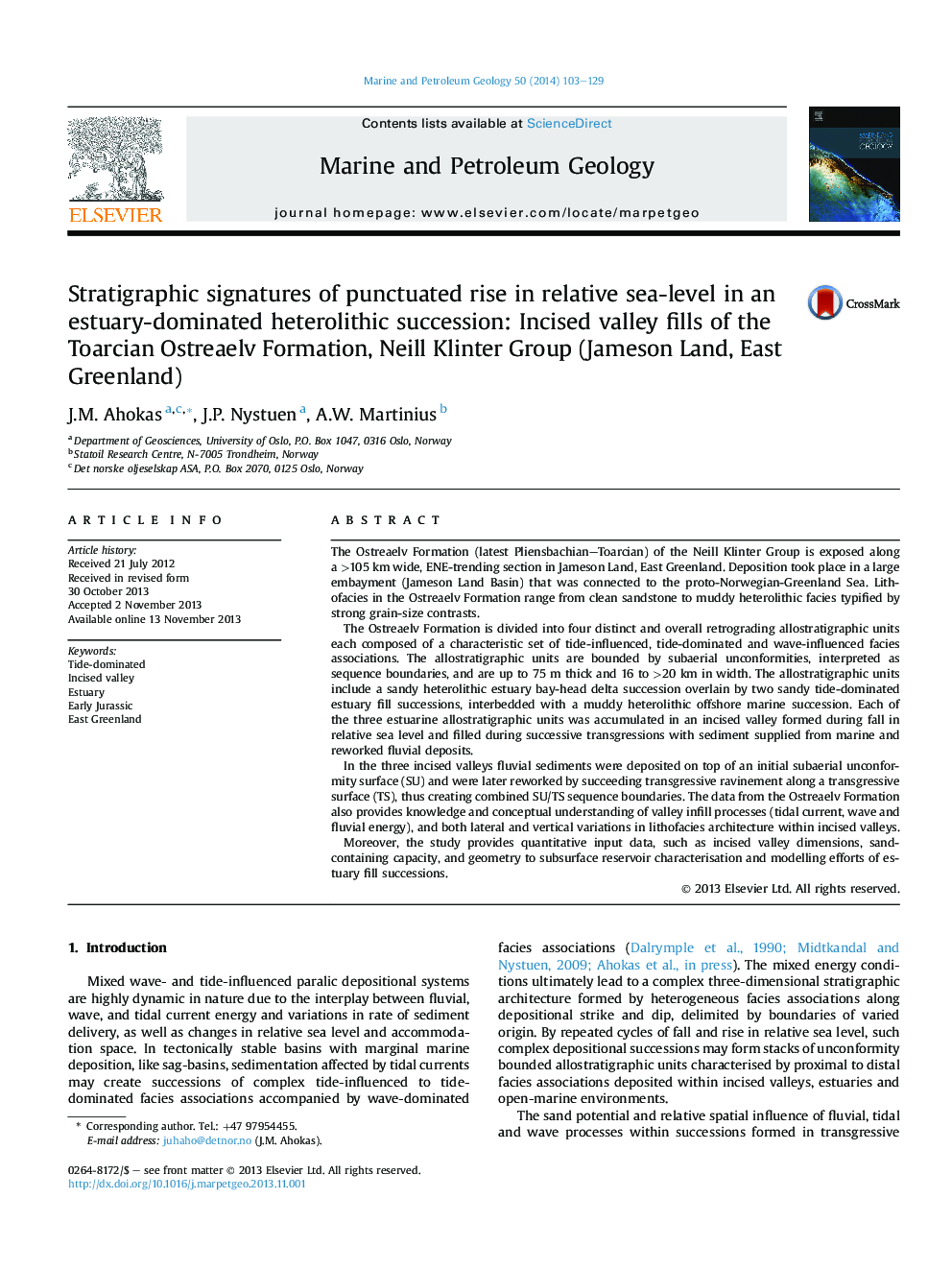 Stratigraphic signatures of punctuated rise in relative sea-level in an estuary-dominated heterolithic succession: Incised valley fills of the Toarcian Ostreaelv Formation, Neill Klinter Group (Jameson Land, East Greenland)