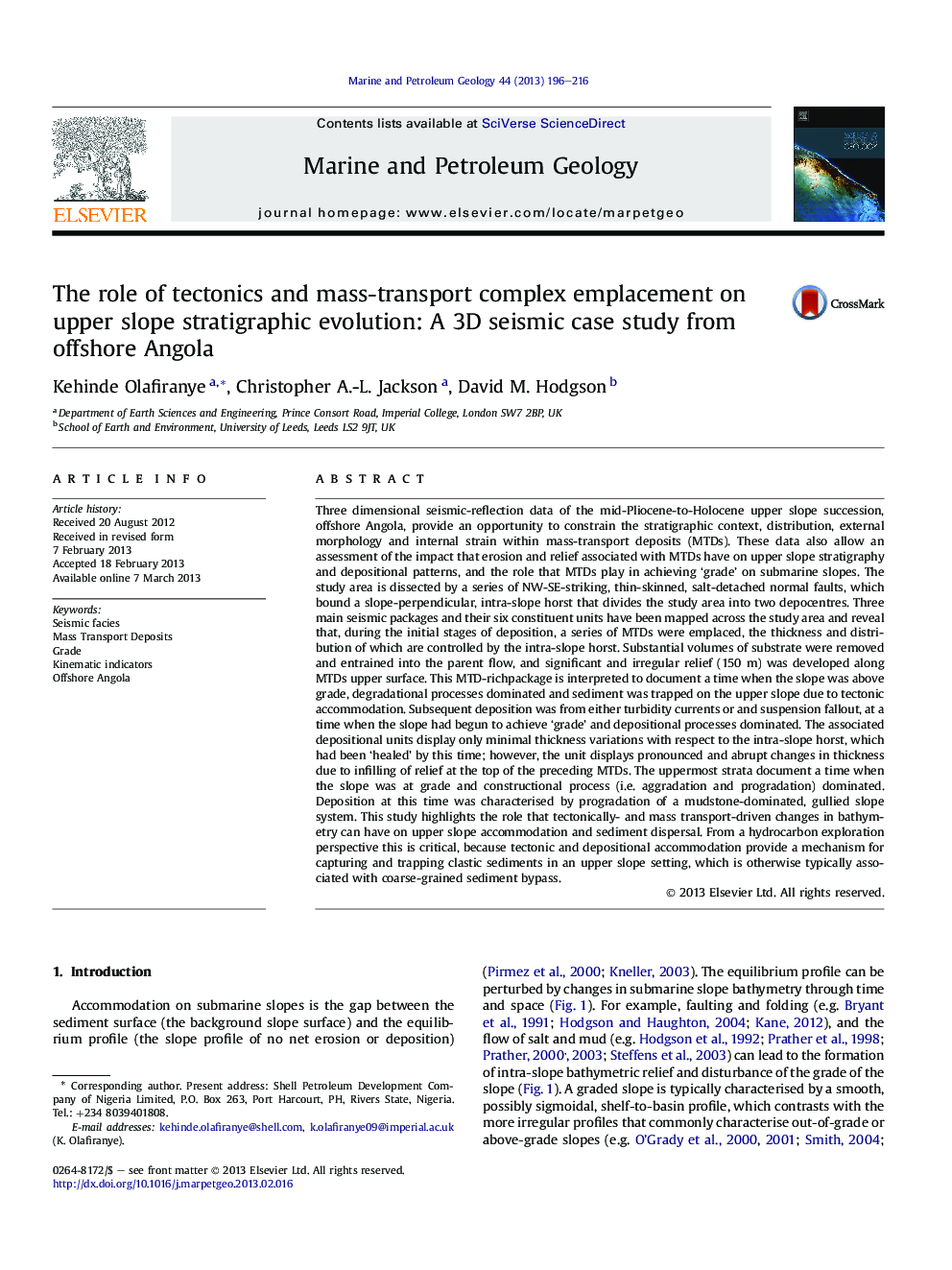 The role of tectonics and mass-transport complex emplacement on upper slope stratigraphic evolution: A 3D seismic case study from offshore Angola