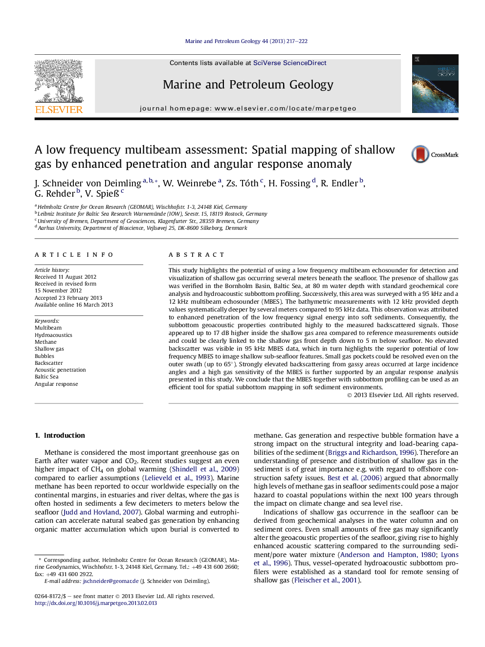 A low frequency multibeam assessment: Spatial mapping of shallow gas by enhanced penetration and angular response anomaly