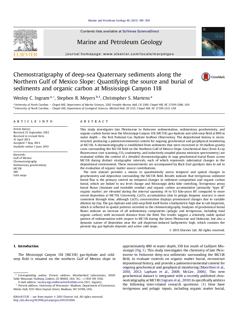 Chemostratigraphy of deep-sea Quaternary sediments along the Northern Gulf of Mexico Slope: Quantifying the source and burial of sediments and organic carbon at Mississippi Canyon 118