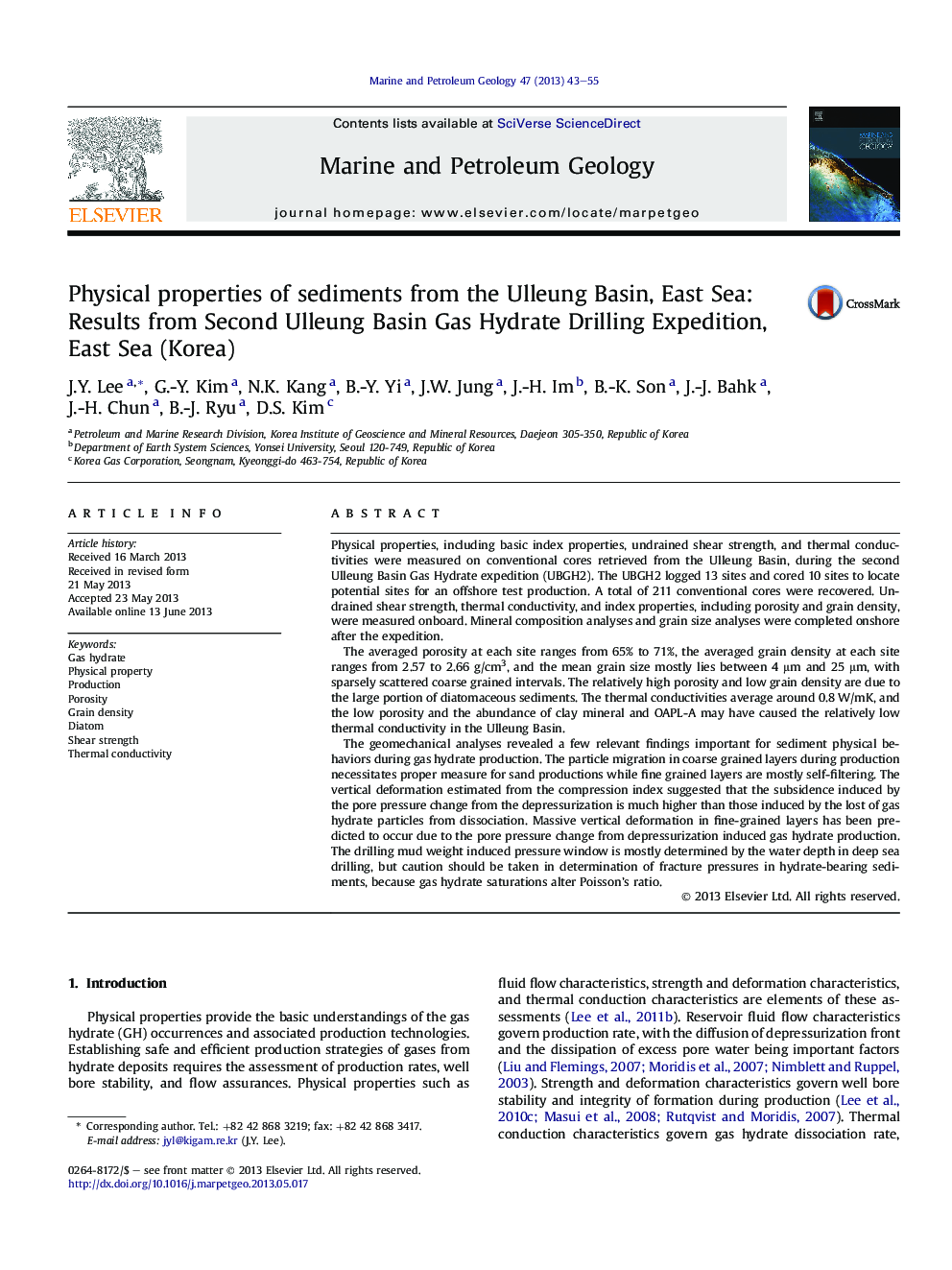 Physical properties of sediments from the Ulleung Basin, East Sea: Results from Second Ulleung Basin Gas Hydrate Drilling Expedition, East Sea (Korea)