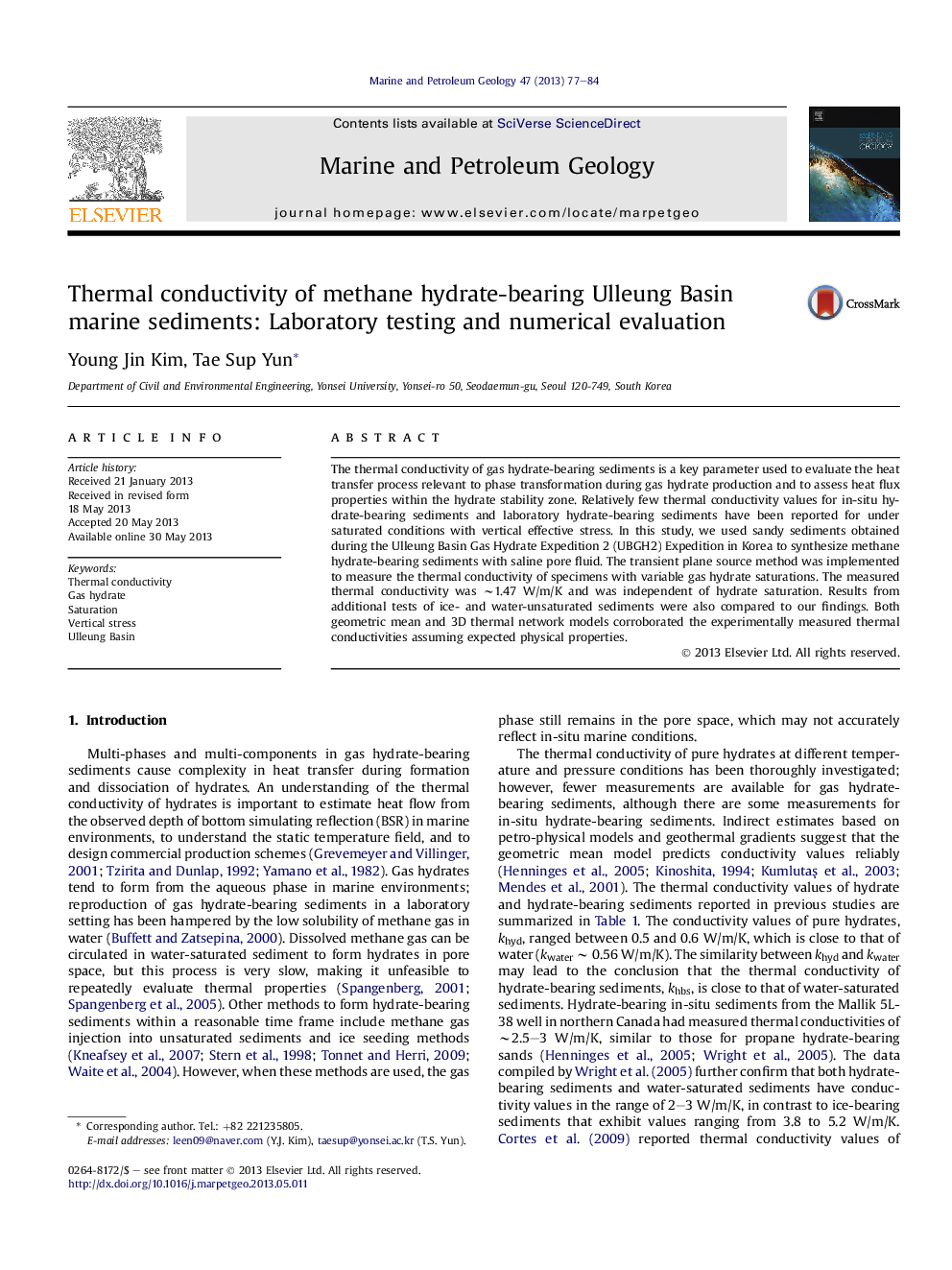 رسانایی حرارتی رسوبات دریایی حوضه آبگیر هیدراته متان: آزمایش آزمایشگاهی و ارزیابی عددی 