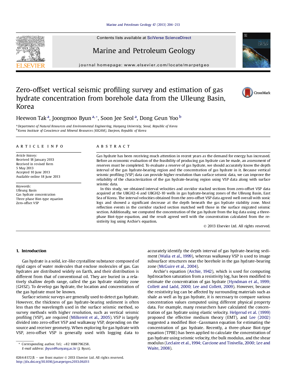 Zero-offset vertical seismic profiling survey and estimation of gas hydrate concentration from borehole data from the Ulleung Basin, Korea