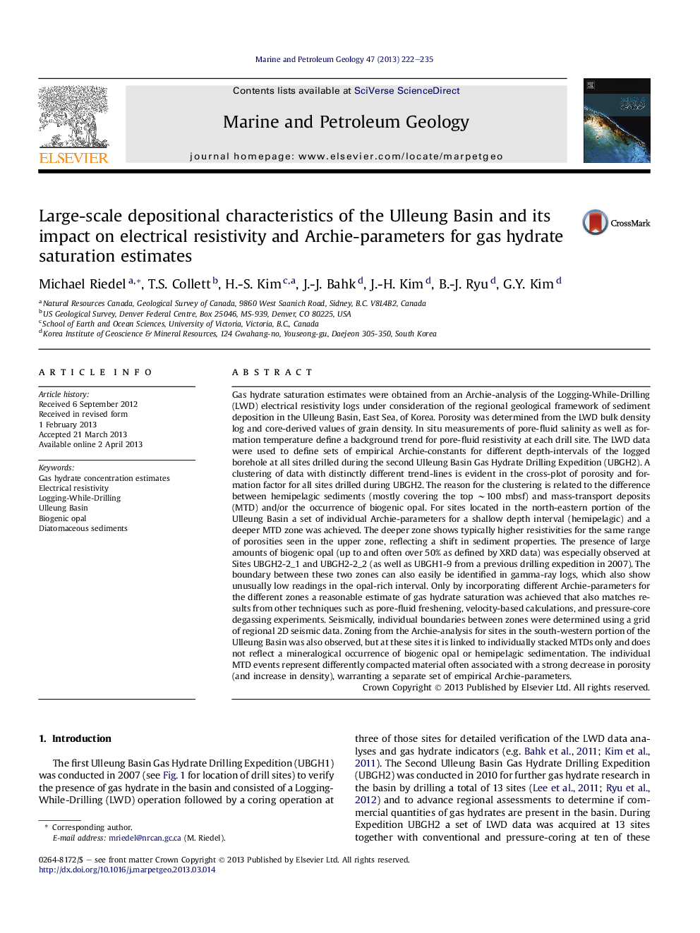 Large-scale depositional characteristics of the Ulleung Basin and its impact on electrical resistivity and Archie-parameters for gas hydrate saturation estimates