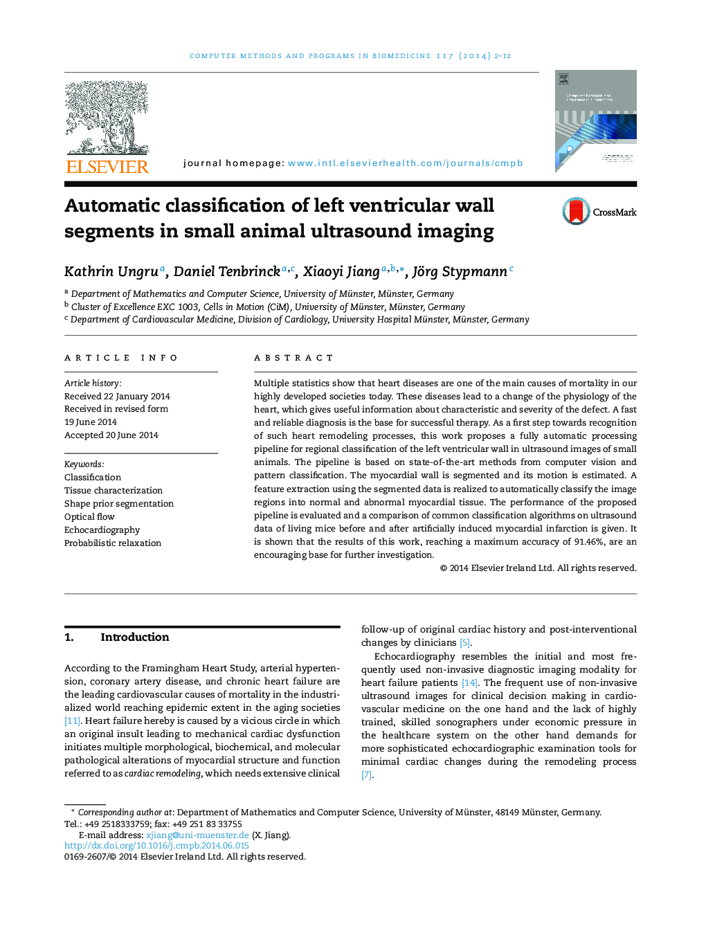 Automatic classification of left ventricular wall segments in small animal ultrasound imaging