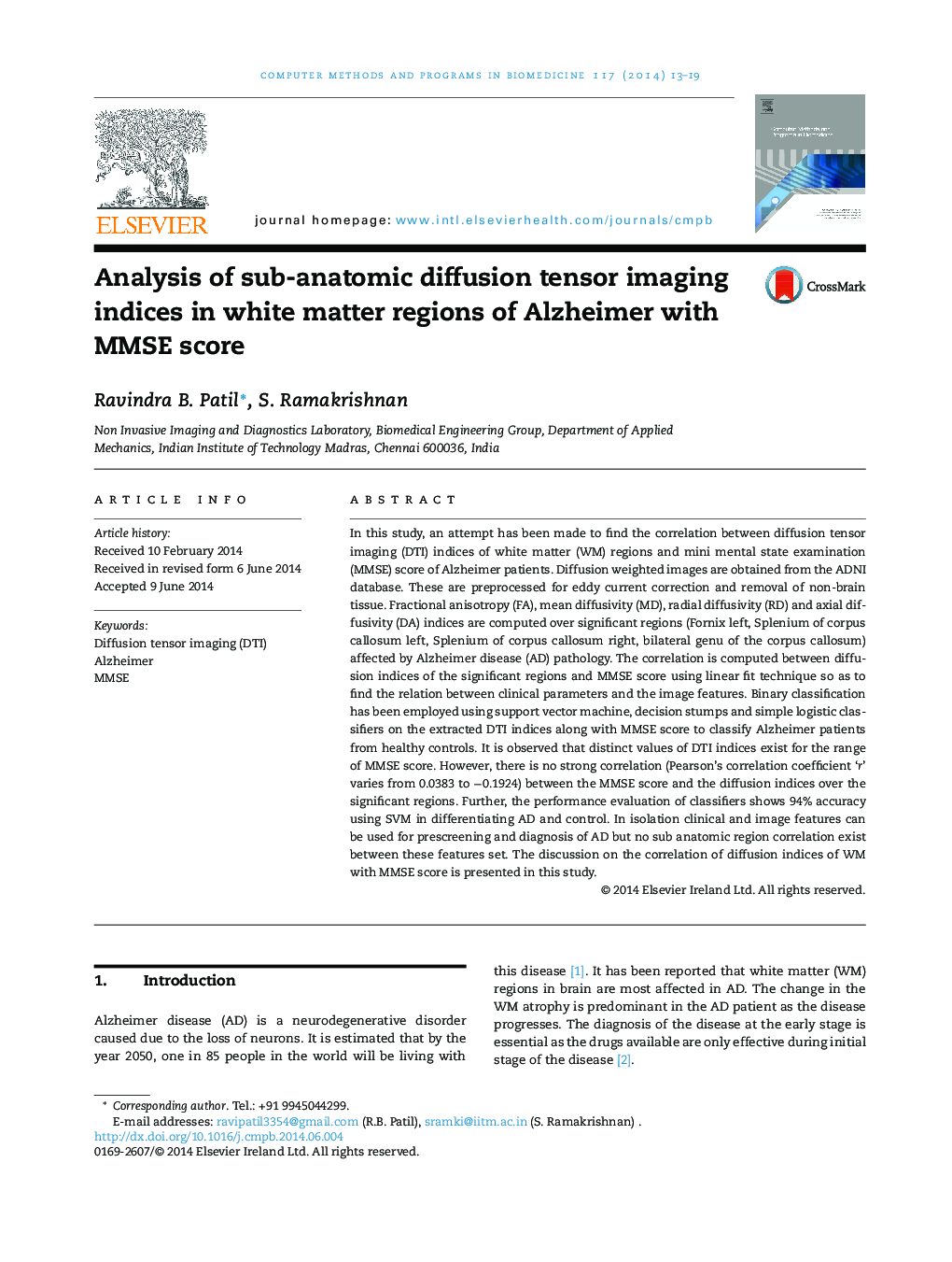 Analysis of sub-anatomic diffusion tensor imaging indices in white matter regions of Alzheimer with MMSE score
