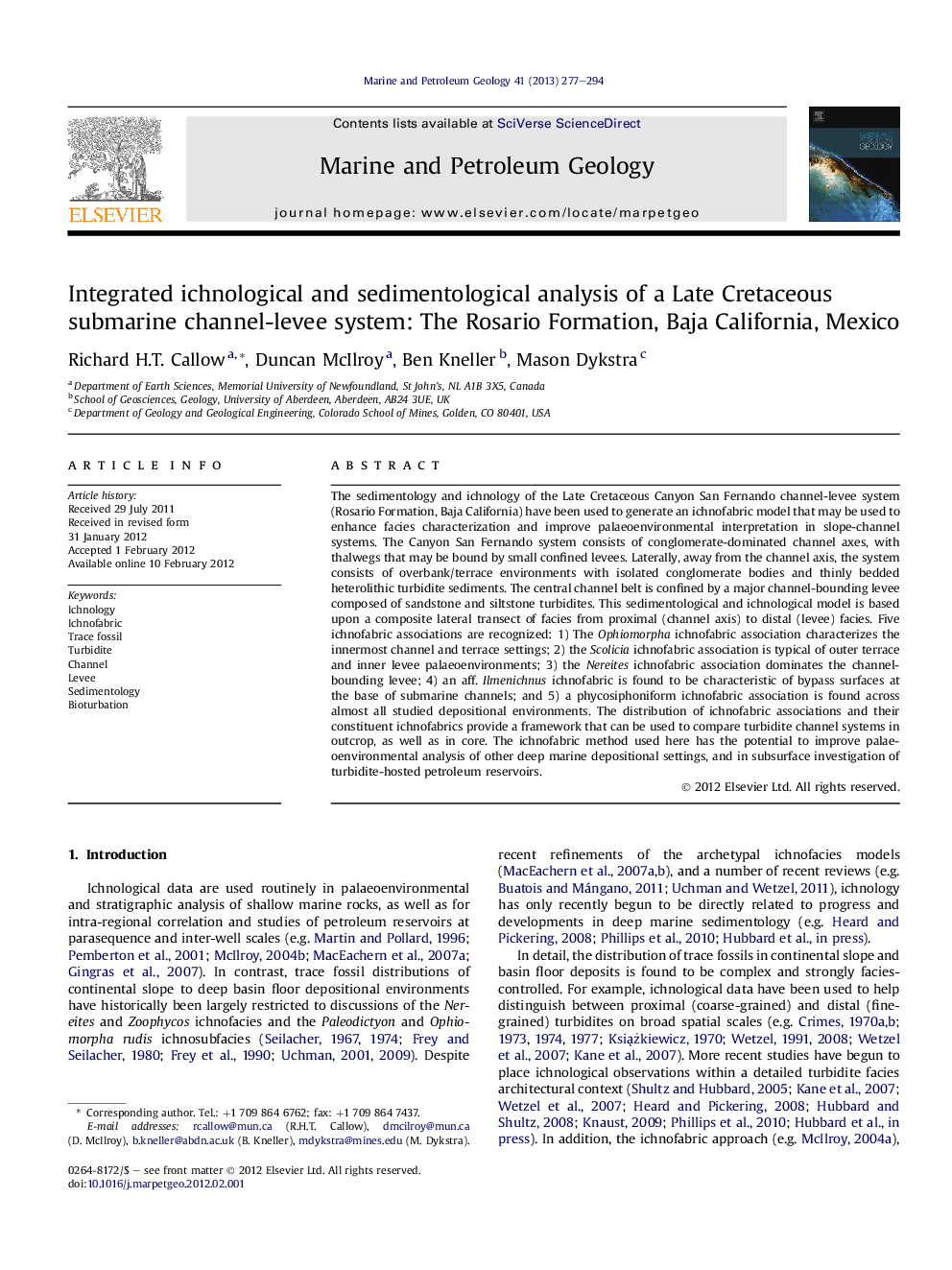 Integrated ichnological and sedimentological analysis of a Late Cretaceous submarine channel-levee system: The Rosario Formation, Baja California, Mexico