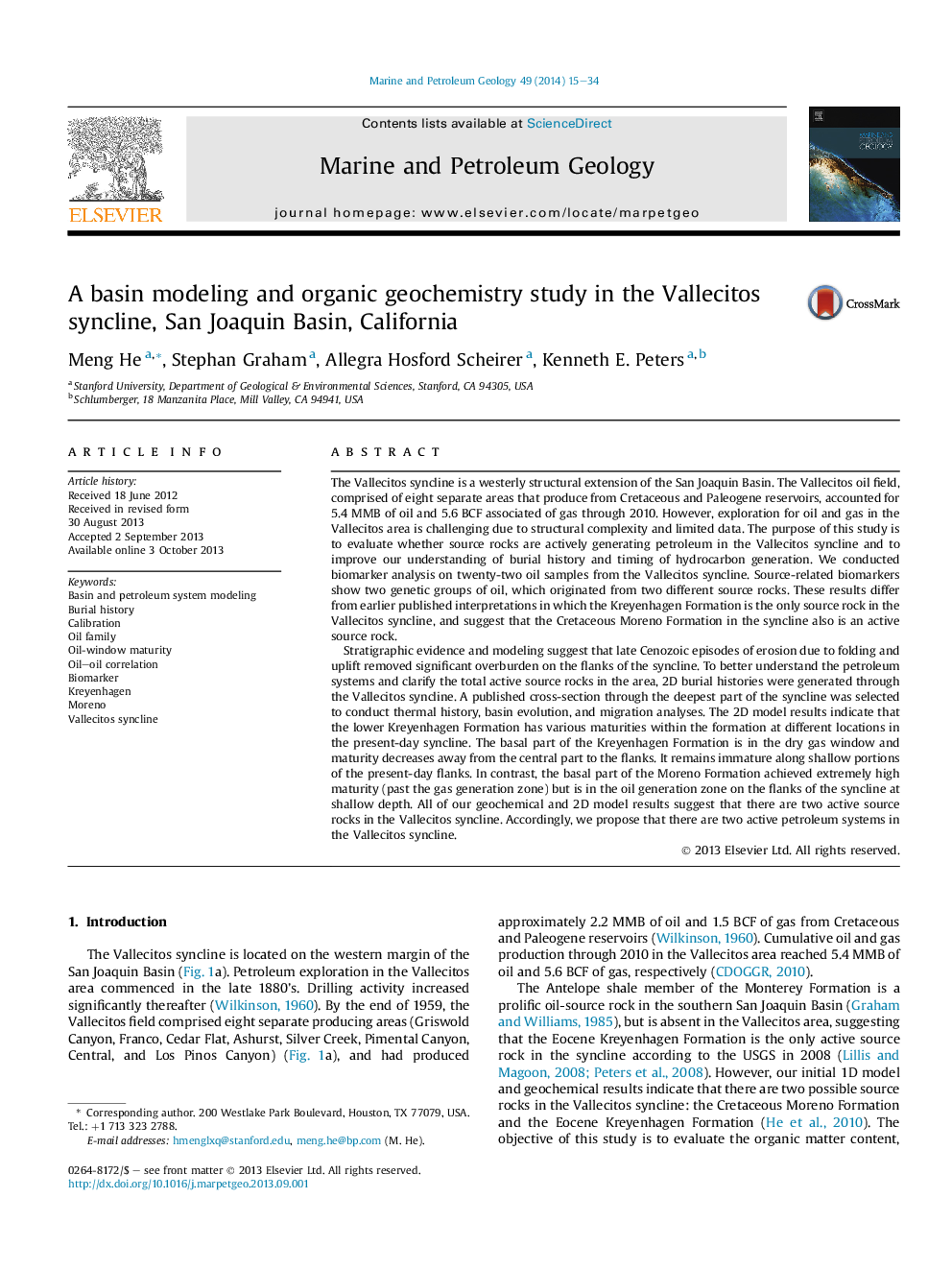 A basin modeling and organic geochemistry study in the Vallecitos syncline, San Joaquin Basin, California