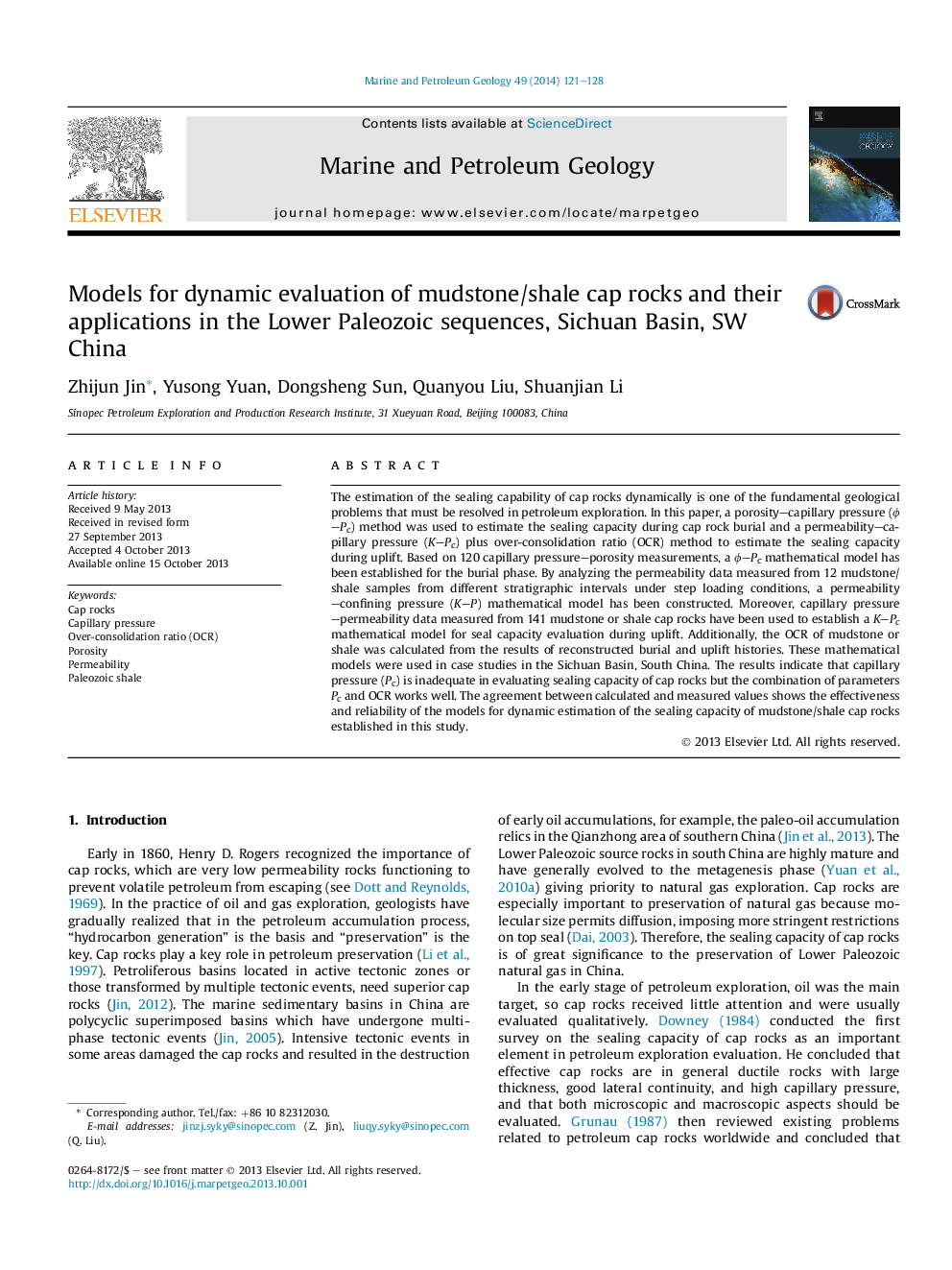 Models for dynamic evaluation of mudstone/shale cap rocks and their applications in the Lower Paleozoic sequences, Sichuan Basin, SW China