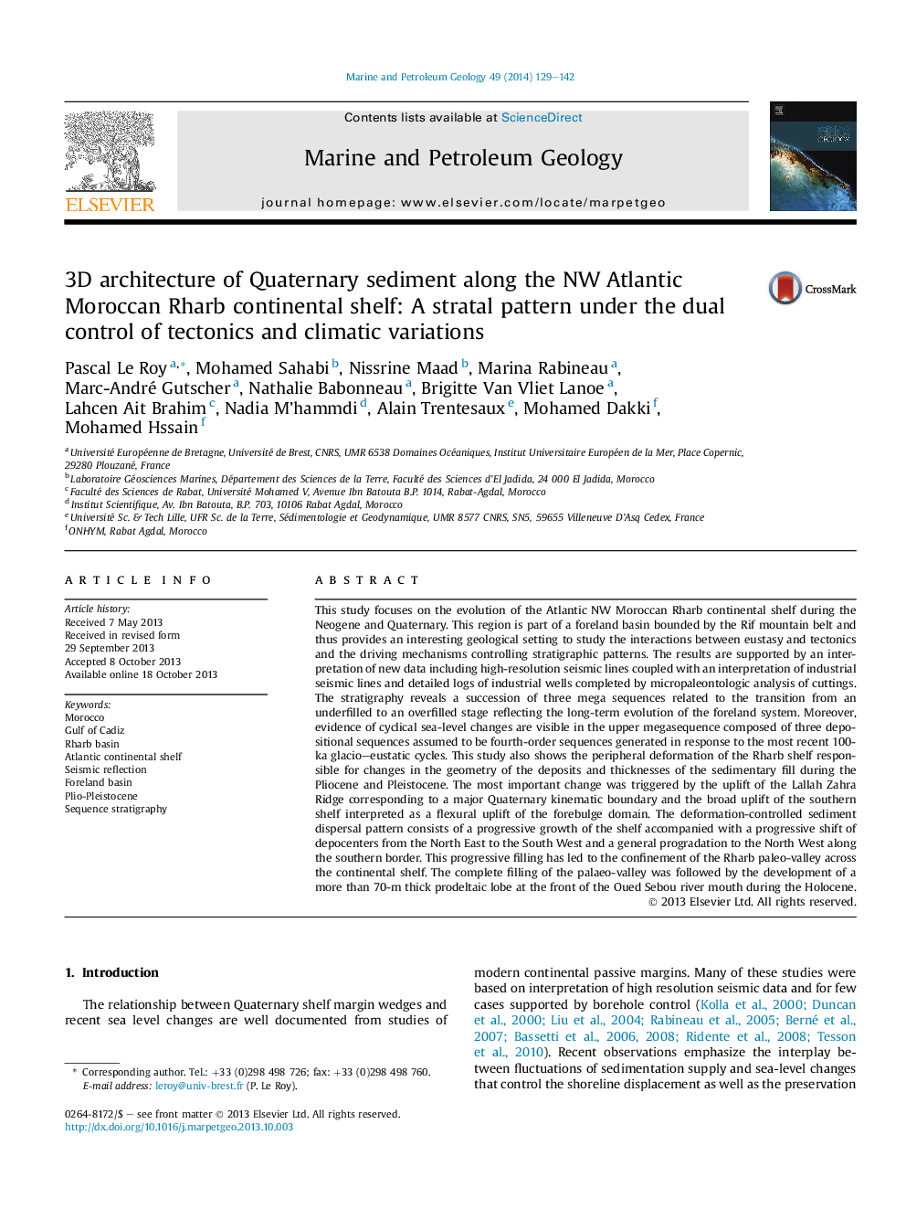 3D architecture of Quaternary sediment along the NW Atlantic Moroccan Rharb continental shelf: A stratal pattern under the dual control of tectonics and climatic variations