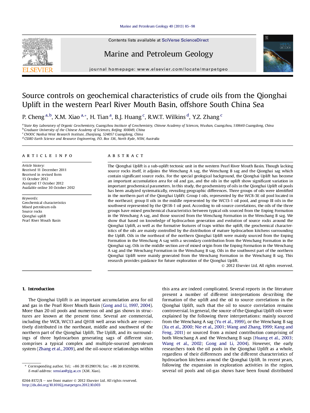 Source controls on geochemical characteristics of crude oils from the Qionghai Uplift in the western Pearl River Mouth Basin, offshore South China Sea