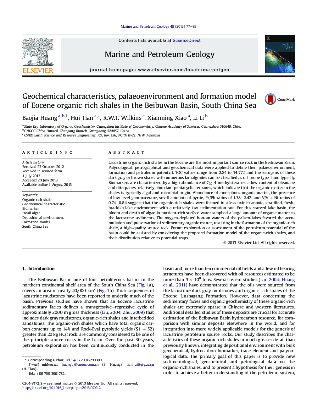 Geochemical characteristics, palaeoenvironment and formation model of Eocene organic-rich shales in the Beibuwan Basin, South China Sea