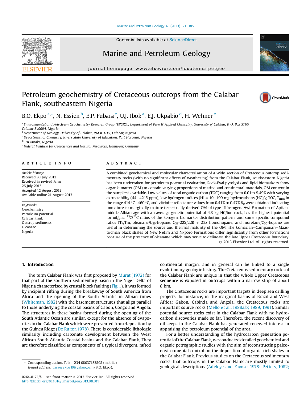 Petroleum geochemistry of Cretaceous outcrops from the Calabar Flank, southeastern Nigeria