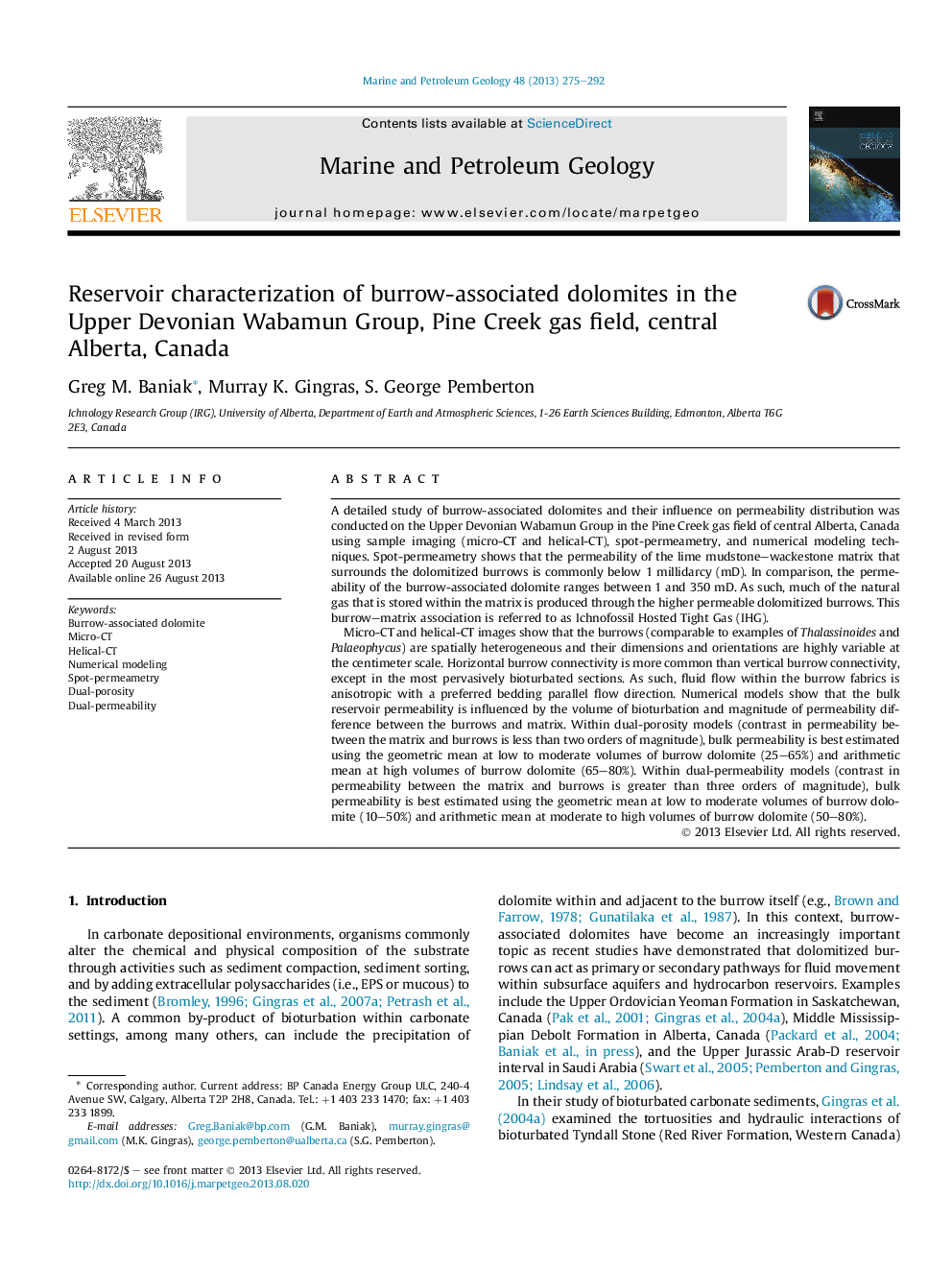 Reservoir characterization of burrow-associated dolomites in the Upper Devonian Wabamun Group, Pine Creek gas field, central Alberta, Canada