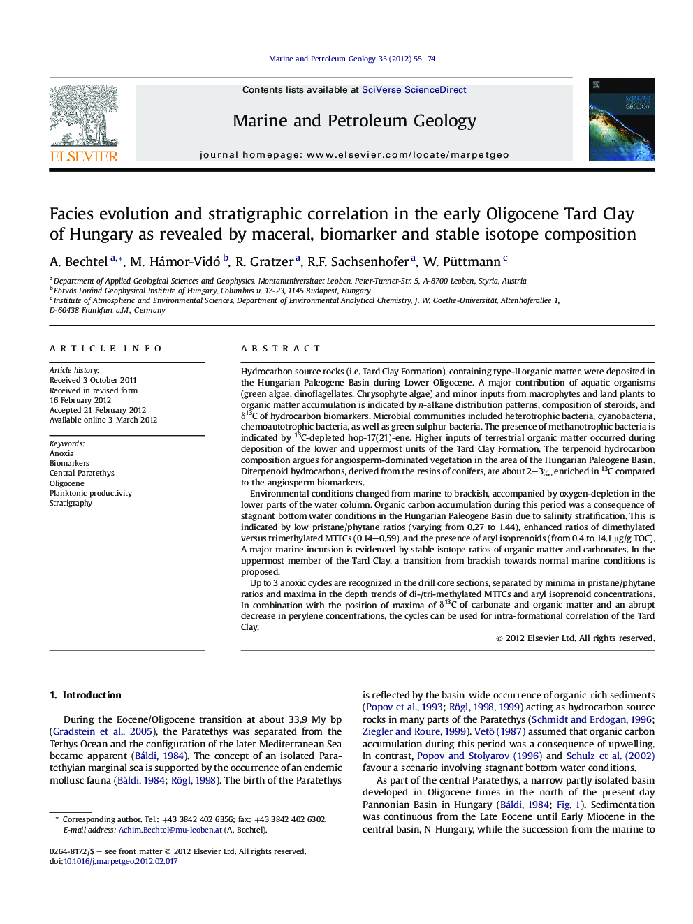 Facies evolution and stratigraphic correlation in the early Oligocene Tard Clay of Hungary as revealed by maceral, biomarker and stable isotope composition