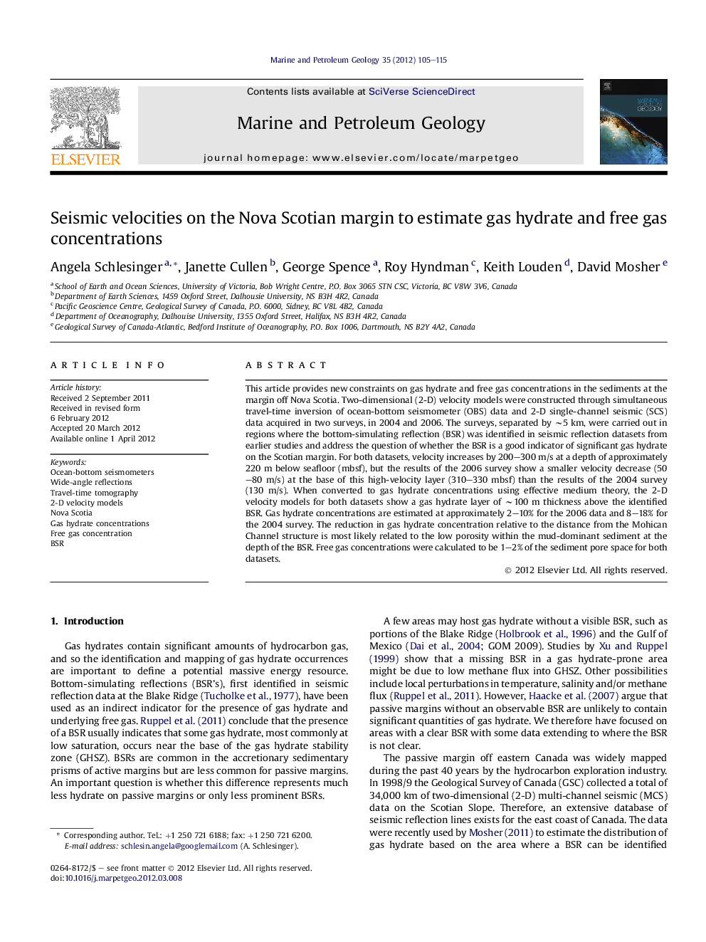 Seismic velocities on the Nova Scotian margin to estimate gas hydrate and free gas concentrations