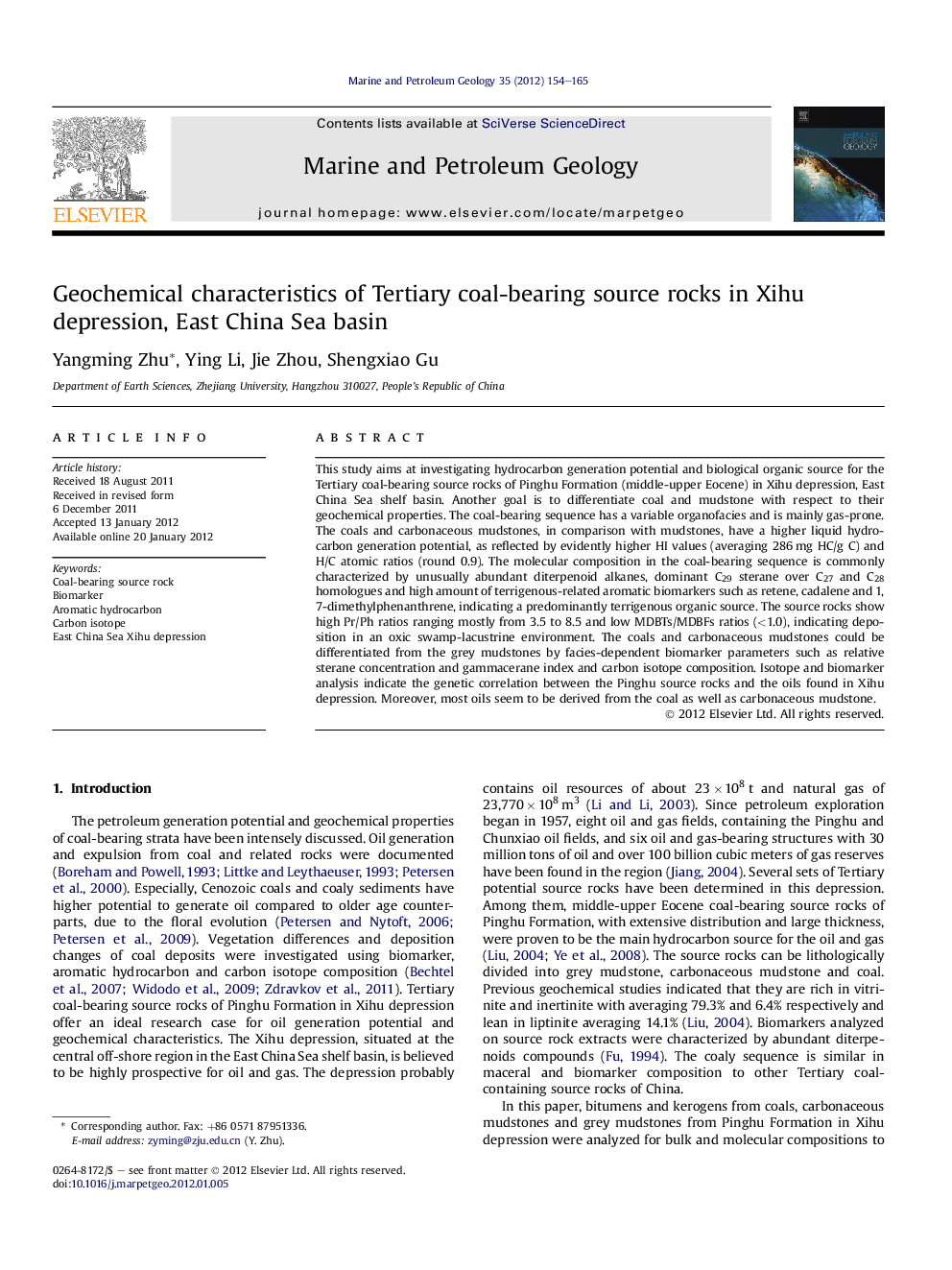 Geochemical characteristics of Tertiary coal-bearing source rocks in Xihu depression, East China Sea basin