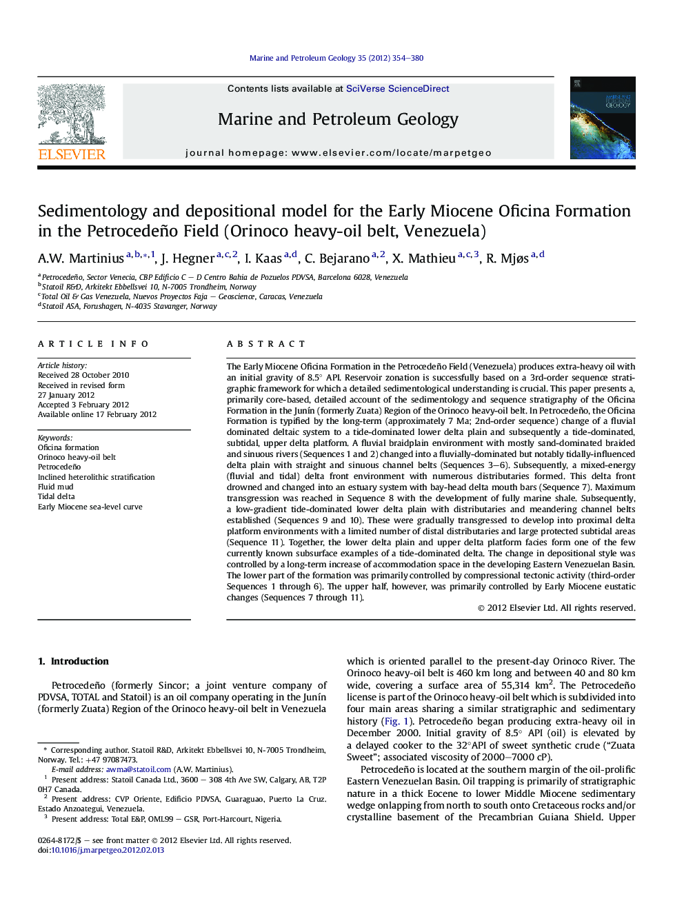 Sedimentology and depositional model for the Early Miocene Oficina Formation in the Petrocedeño Field (Orinoco heavy-oil belt, Venezuela)