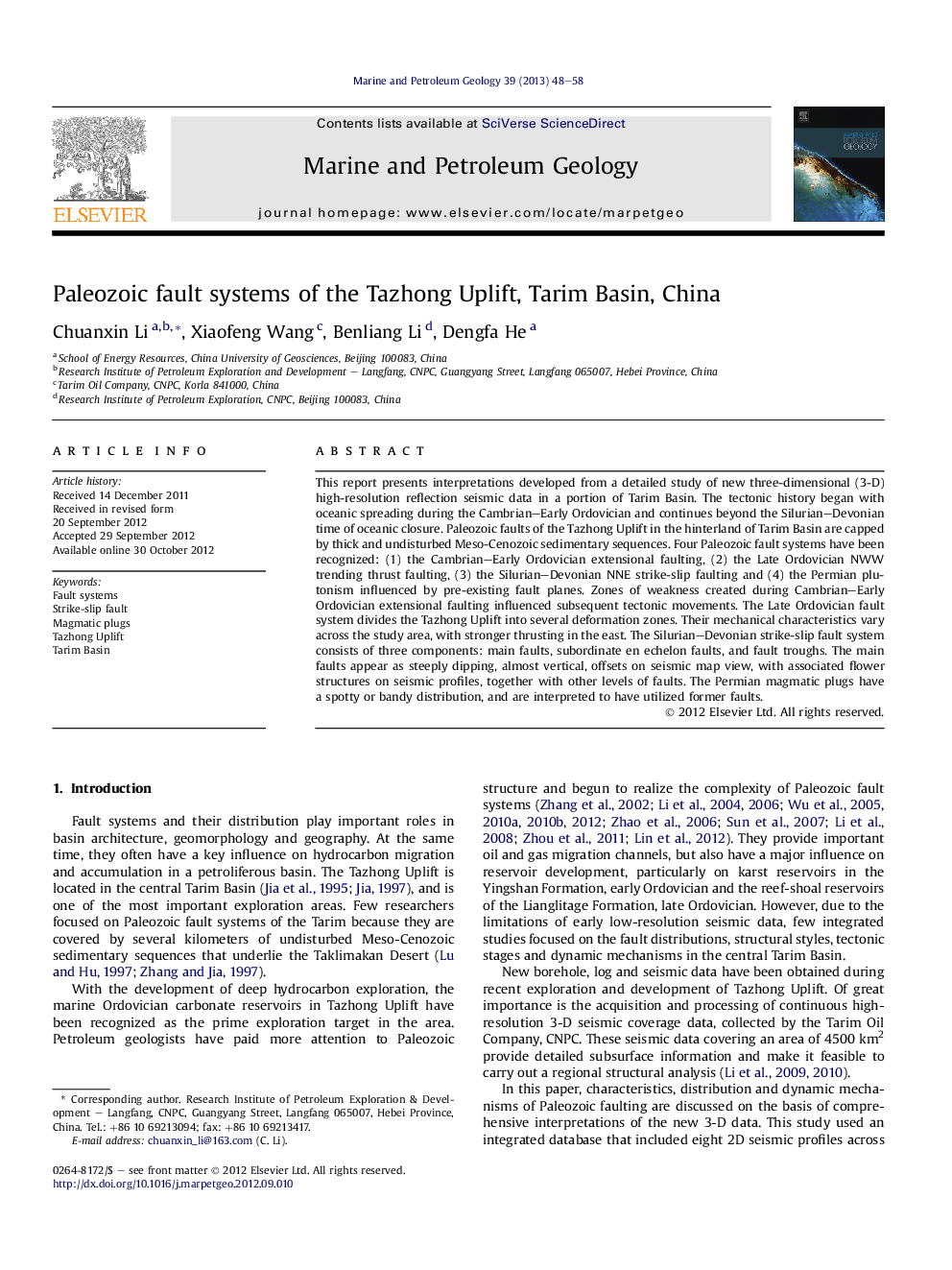 Paleozoic fault systems of the Tazhong Uplift, Tarim Basin, China