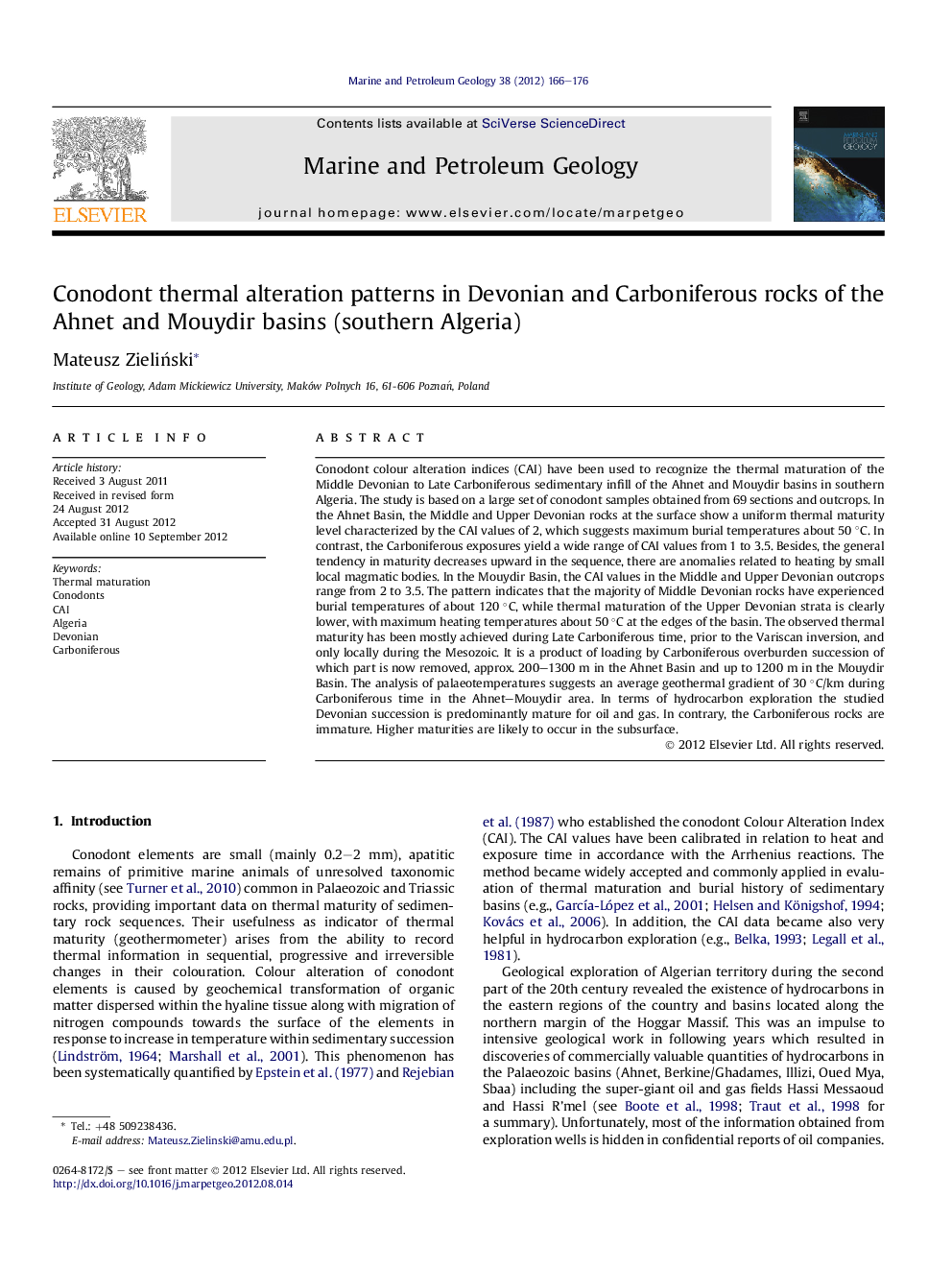 Conodont thermal alteration patterns in Devonian and Carboniferous rocks of the Ahnet and Mouydir basins (southern Algeria)