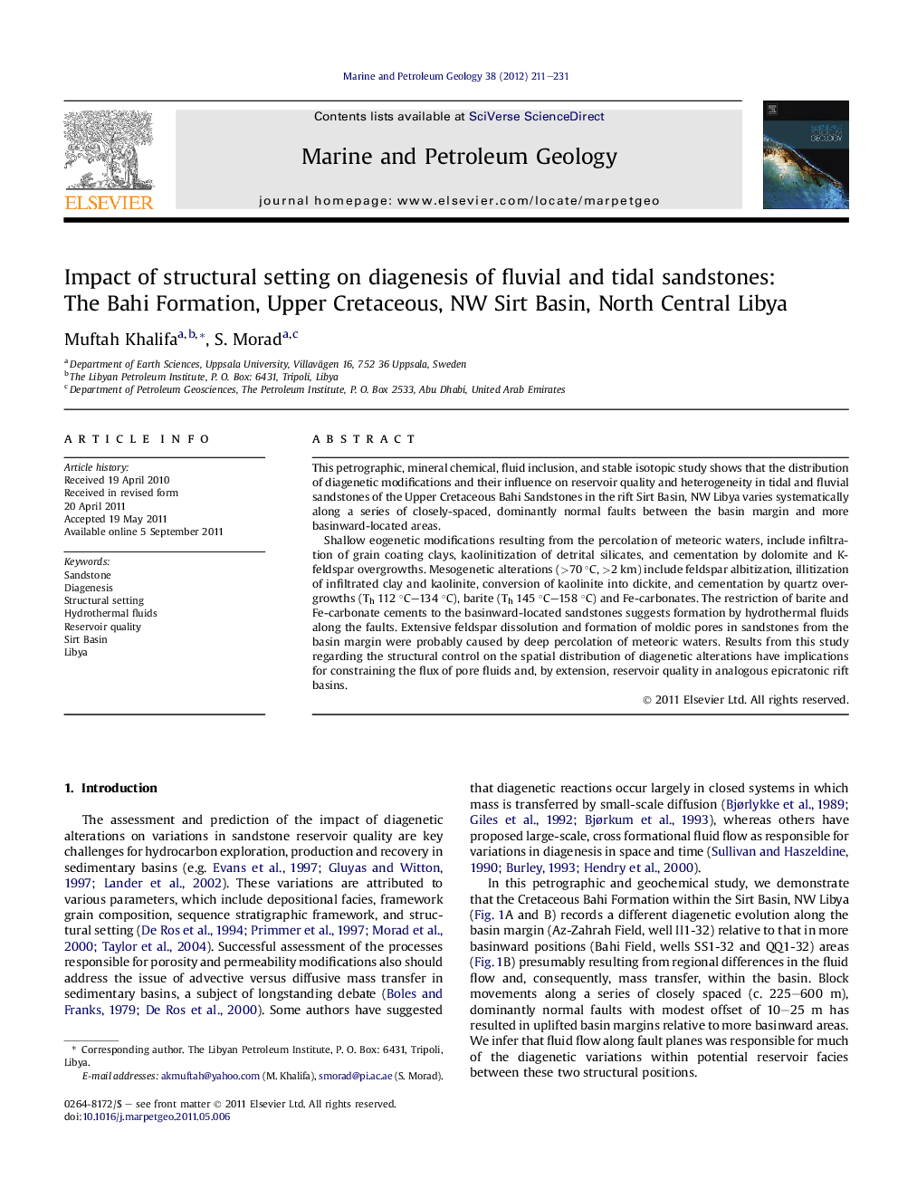 Impact of structural setting on diagenesis of fluvial and tidal sandstones: The Bahi Formation, Upper Cretaceous, NW Sirt Basin, North Central Libya