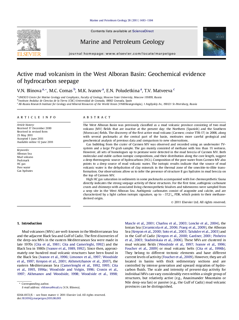 Active mud volcanism in the West Alboran Basin: Geochemical evidence of hydrocarbon seepage