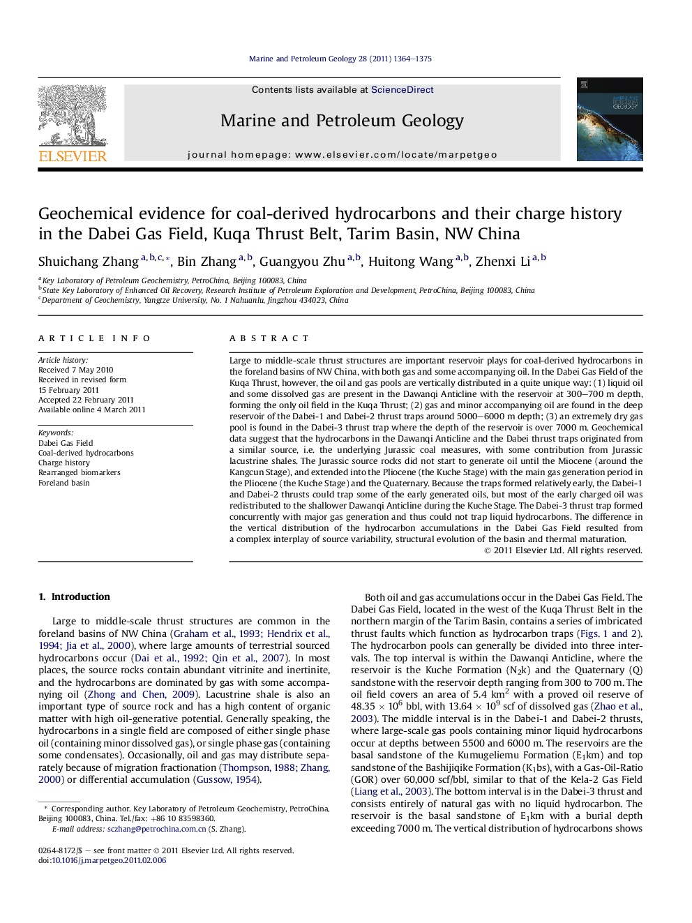 Geochemical evidence for coal-derived hydrocarbons and their charge history in the Dabei Gas Field, Kuqa Thrust Belt, Tarim Basin, NW China