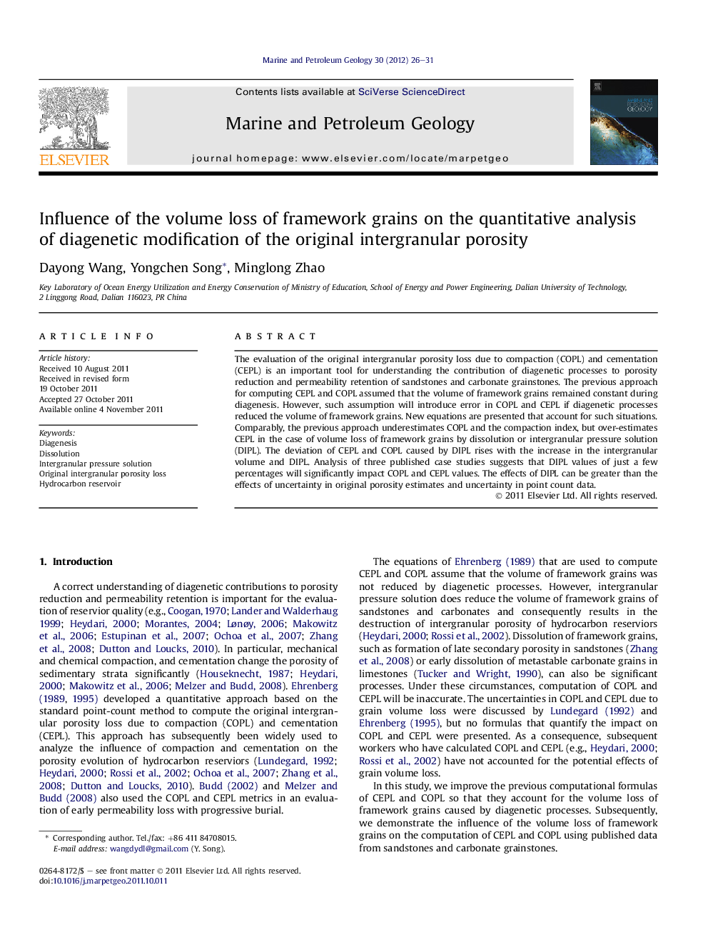 Influence of the volume loss of framework grains on the quantitative analysis of diagenetic modification of the original intergranular porosity