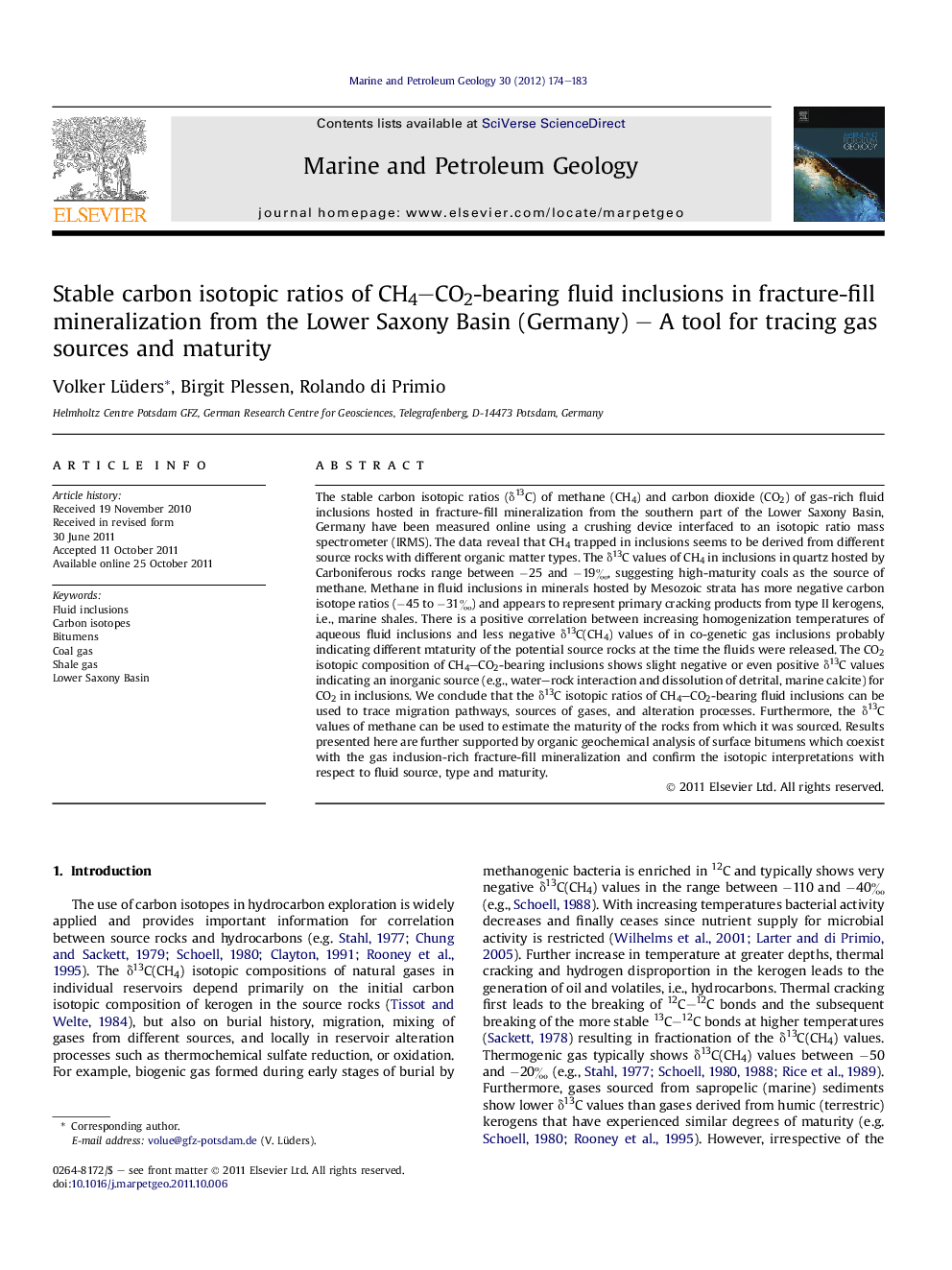 Stable carbon isotopic ratios of CH4–CO2-bearing fluid inclusions in fracture-fill mineralization from the Lower Saxony Basin (Germany) – A tool for tracing gas sources and maturity