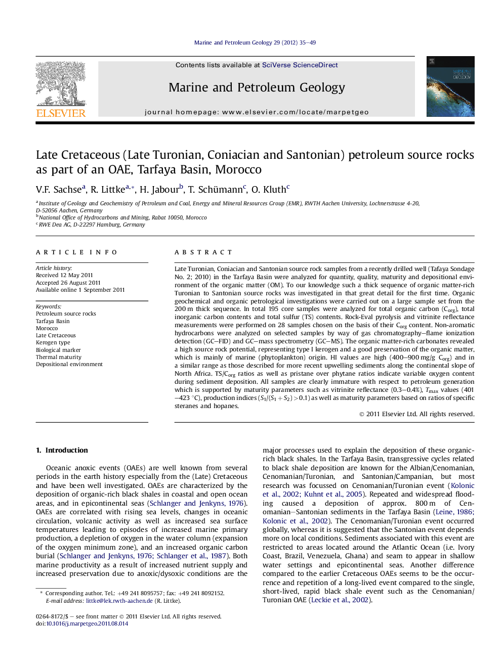 Late Cretaceous (Late Turonian, Coniacian and Santonian) petroleum source rocks as part of an OAE, Tarfaya Basin, Morocco