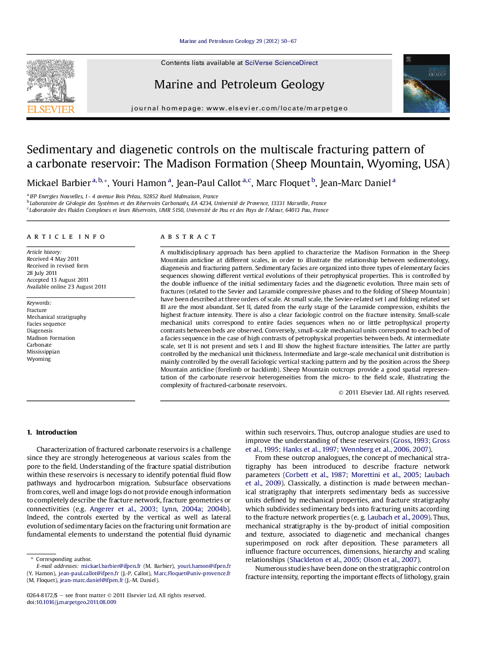 Sedimentary and diagenetic controls on the multiscale fracturing pattern of a carbonate reservoir: The Madison Formation (Sheep Mountain, Wyoming, USA)