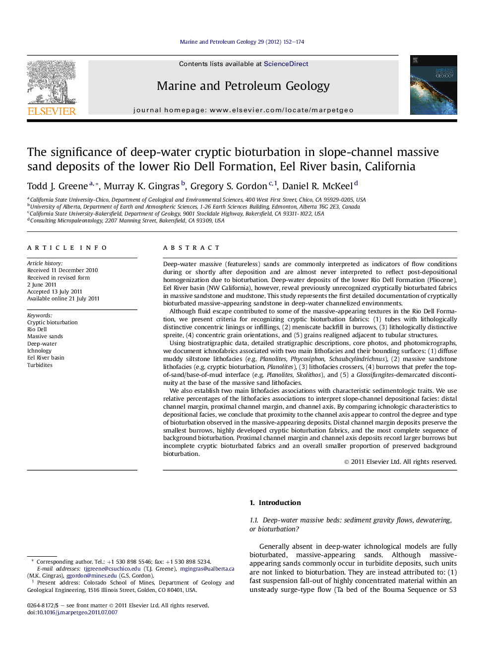 The significance of deep-water cryptic bioturbation in slope-channel massive sand deposits of the lower Rio Dell Formation, Eel River basin, California