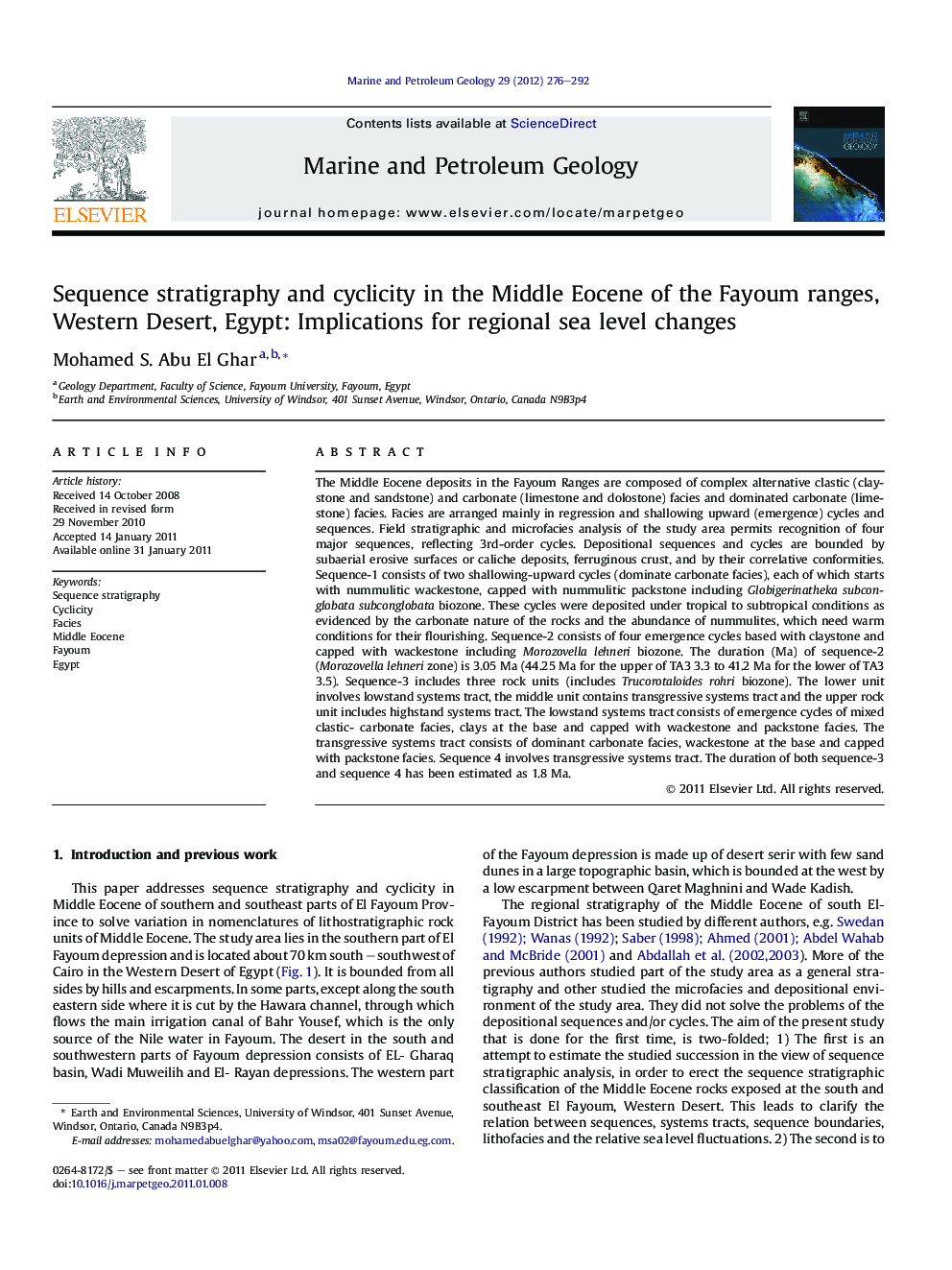 Sequence stratigraphy and cyclicity in the Middle Eocene of the Fayoum ranges, Western Desert, Egypt: Implications for regional sea level changes