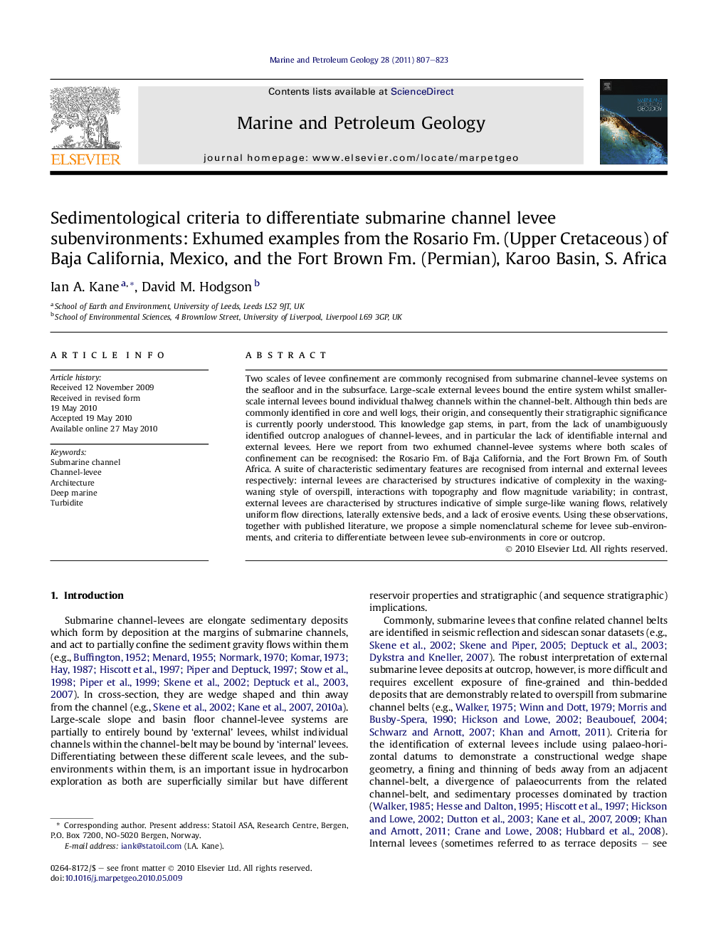 Sedimentological criteria to differentiate submarine channel levee subenvironments: Exhumed examples from the Rosario Fm. (Upper Cretaceous) of Baja California, Mexico, and the Fort Brown Fm. (Permian), Karoo Basin, S. Africa