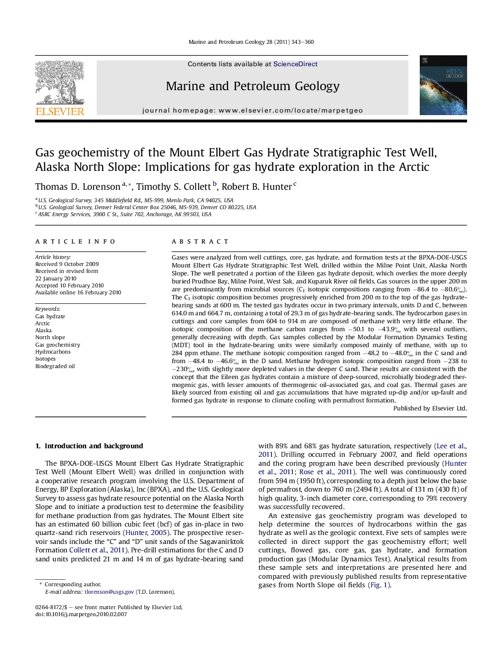 عکس صفحه اول مقاله: Gas geochemistry of the Mount Elbert Gas Hydrate Stratigraphic Test Well, Alaska North Slope: Implications for gas hydrate exploration in the Arctic Gas geochemistry of the Mount Elbert Gas Hydrate Stratigraphic Test Well, Alaska North Slope: Implications for gas hydrate exploration in the Arctic