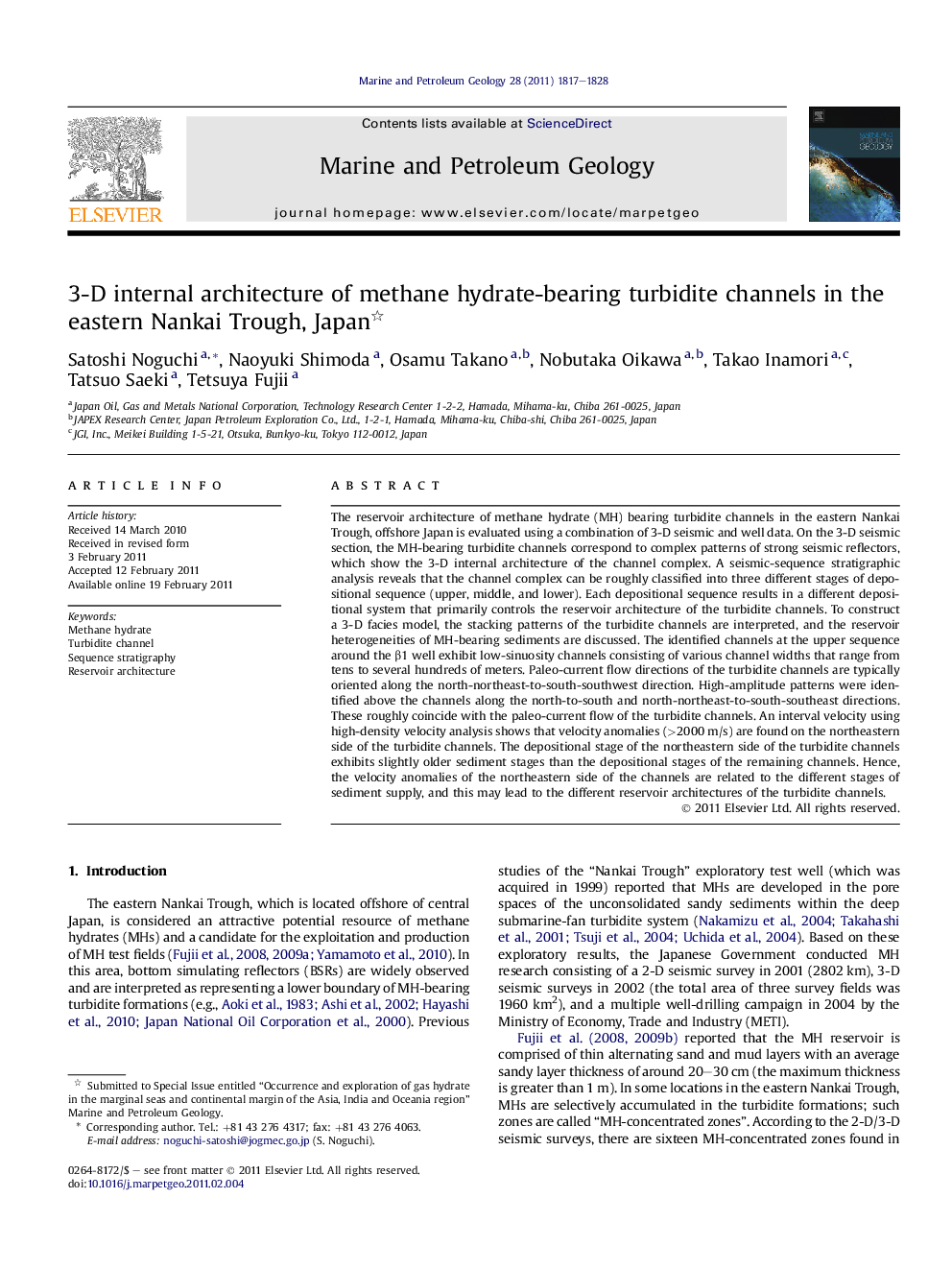 3-D internal architecture of methane hydrate-bearing turbidite channels in the eastern Nankai Trough, Japan 