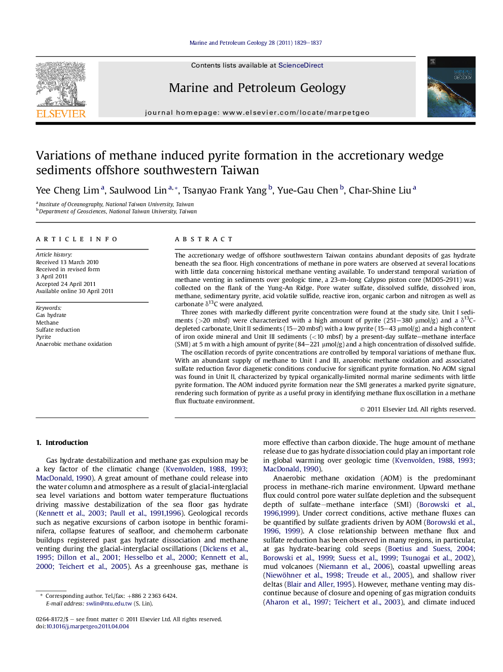 Variations of methane induced pyrite formation in the accretionary wedge sediments offshore southwestern Taiwan