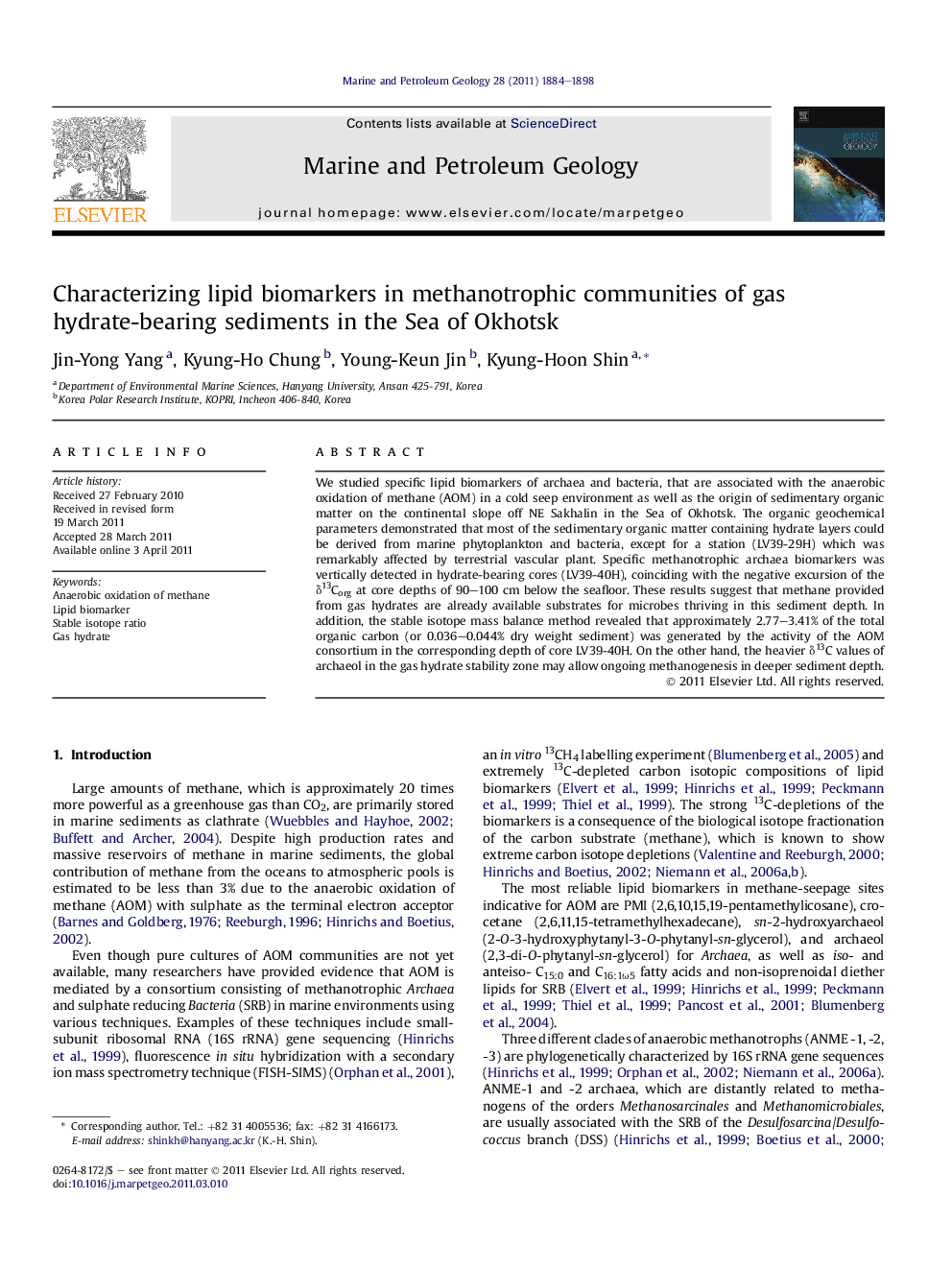 Characterizing lipid biomarkers in methanotrophic communities of gas hydrate-bearing sediments in the Sea of Okhotsk