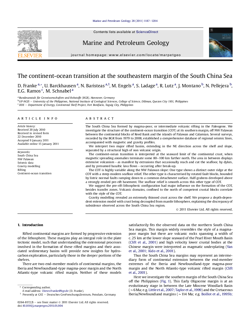 The continent-ocean transition at the southeastern margin of the South China Sea