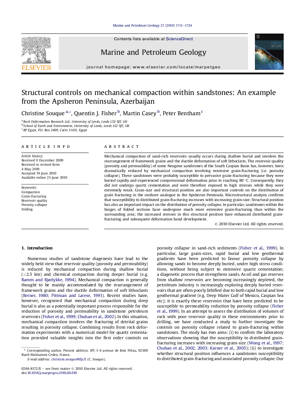 Structural controls on mechanical compaction within sandstones: An example from the Apsheron Peninsula, Azerbaijan