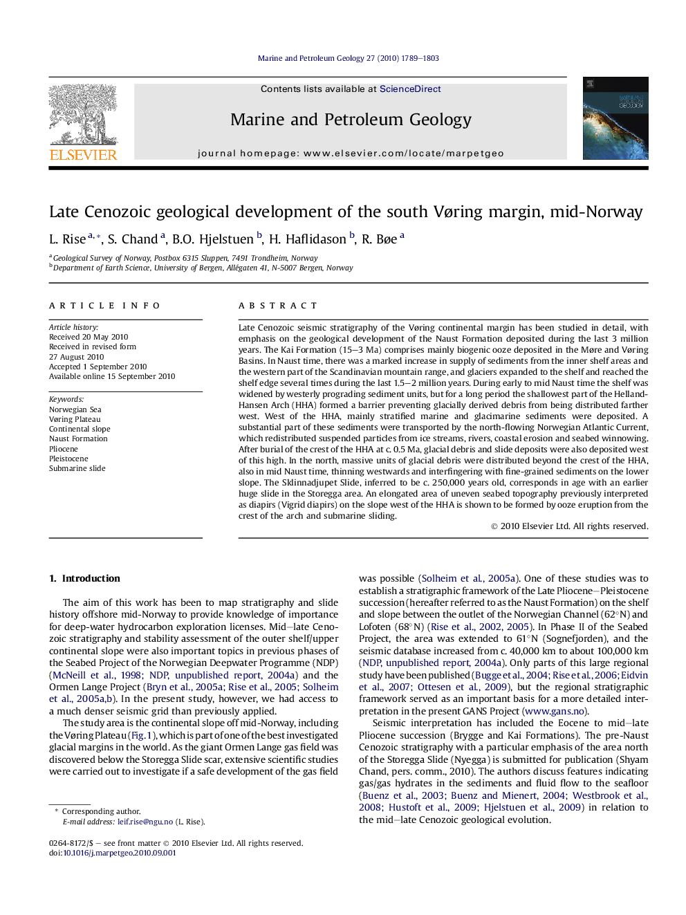 Late Cenozoic geological development of the south Vøring margin, mid-Norway