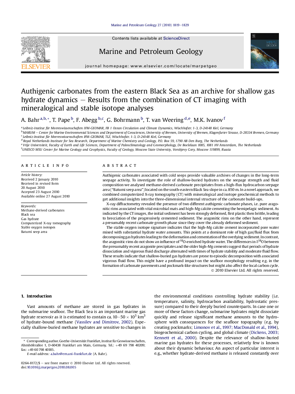 Authigenic carbonates from the eastern Black Sea as an archive for shallow gas hydrate dynamics – Results from the combination of CT imaging with mineralogical and stable isotope analyses