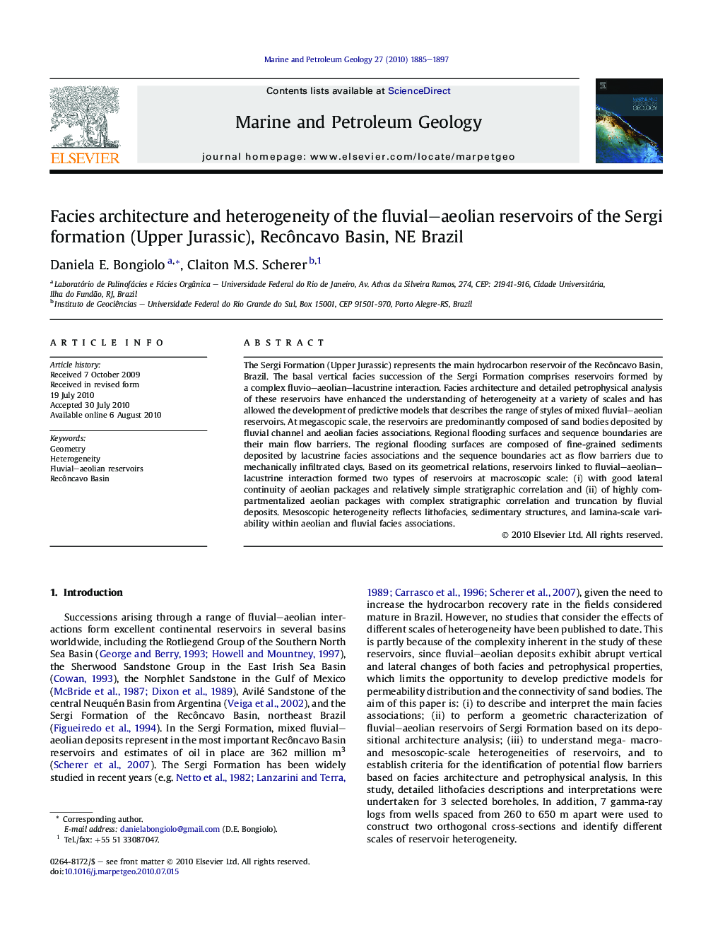 Facies architecture and heterogeneity of the fluvial–aeolian reservoirs of the Sergi formation (Upper Jurassic), Recôncavo Basin, NE Brazil