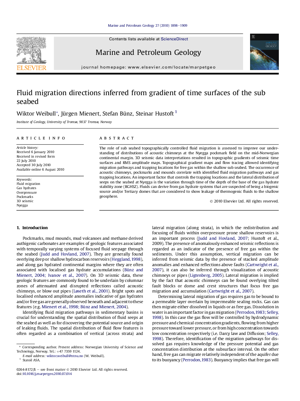 Fluid migration directions inferred from gradient of time surfaces of the sub seabed